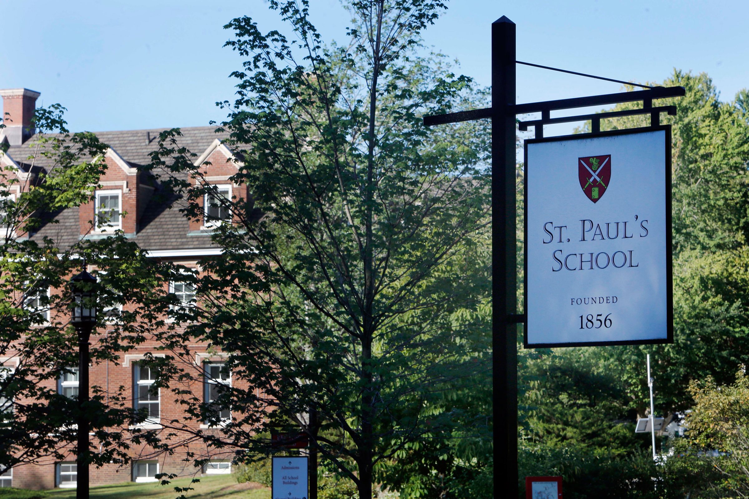 The entrance to the elite St. Paul’s School is seen Friday Aug. 14, 2015 in Concord, N.H., Monday, Aug. 17, 2015, Owen Labrie, a former student, goes on trial Monday, Aug. 17, 2015, for taking part in a practice at the school known as “Senior Salute” where graduating boys try to take the virginity of younger girls before the school year ends. (AP Photo/Jim Cole)