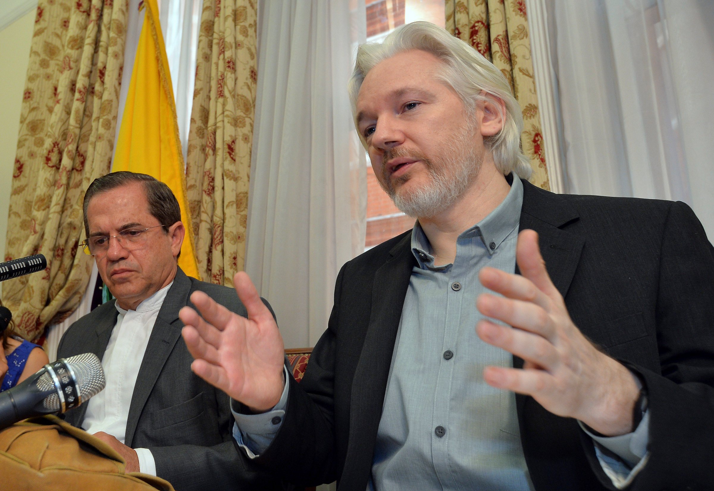WikiLeaks founder Julian Assange speaks during a news conference at the Ecuadorian embassy in central London