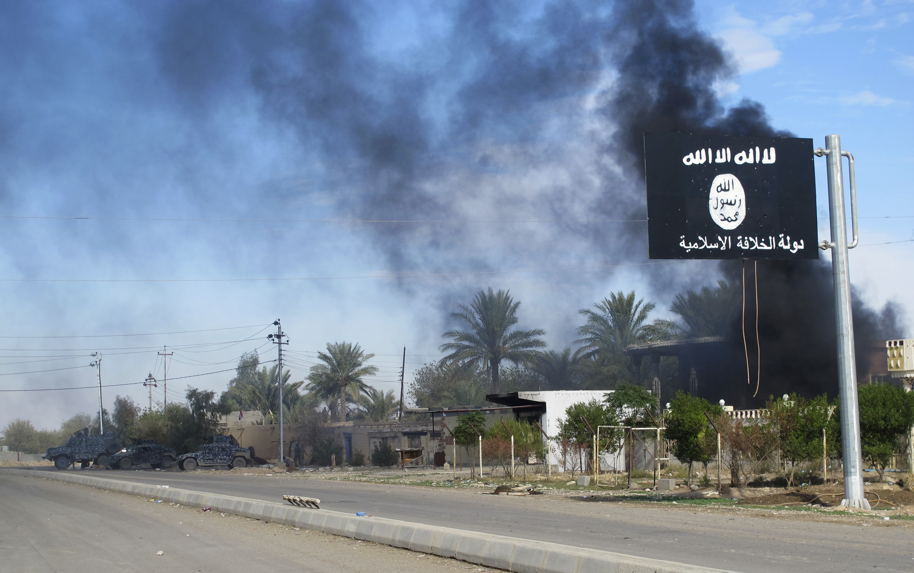 Smoke raises behind an Islamic State flag after Iraqi security forces and Shiite fighters took control of Saadiya from Islamist State militants
