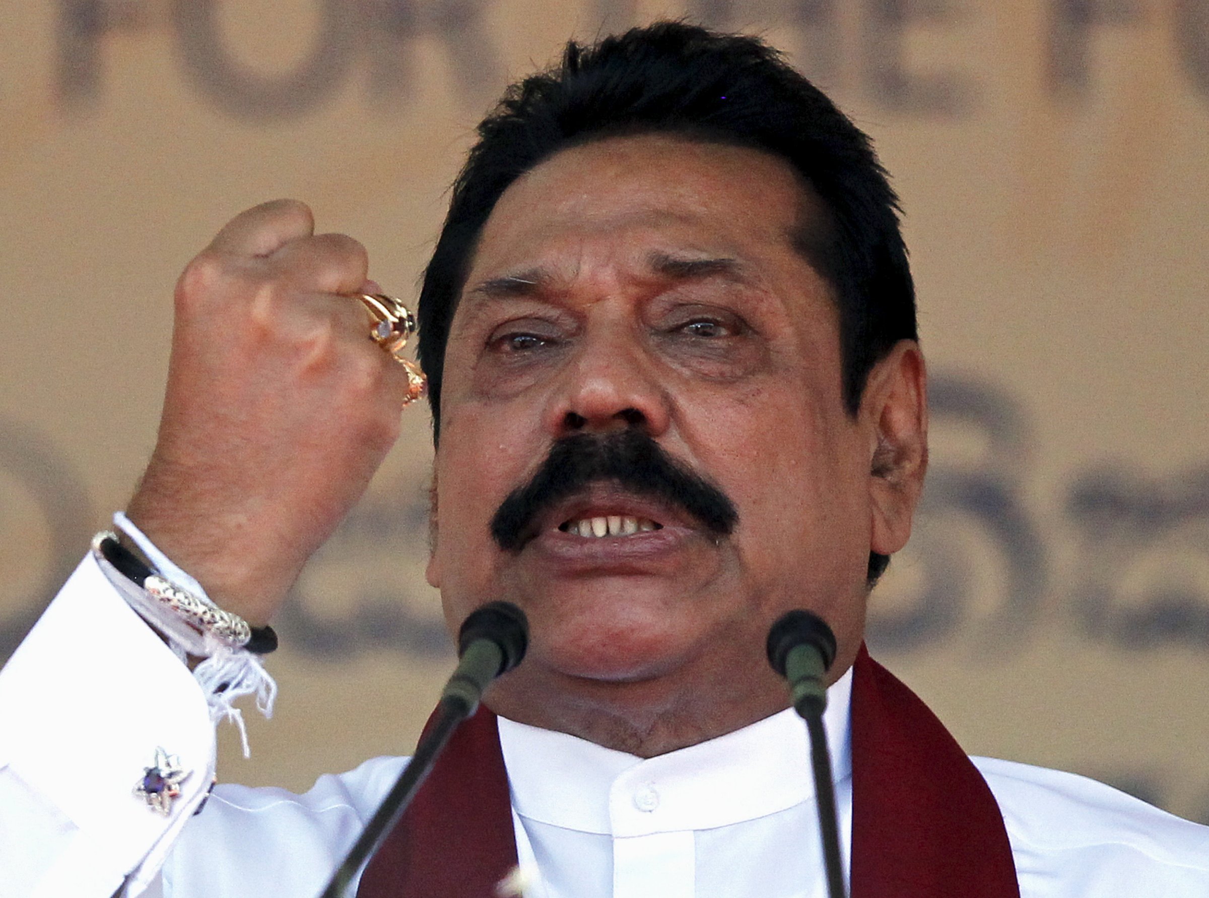Sri Lanka's former president Rajapaksa, who is contesting in the upcoming general election, speaks during the launch ceremony of his manifesto, in Colombo