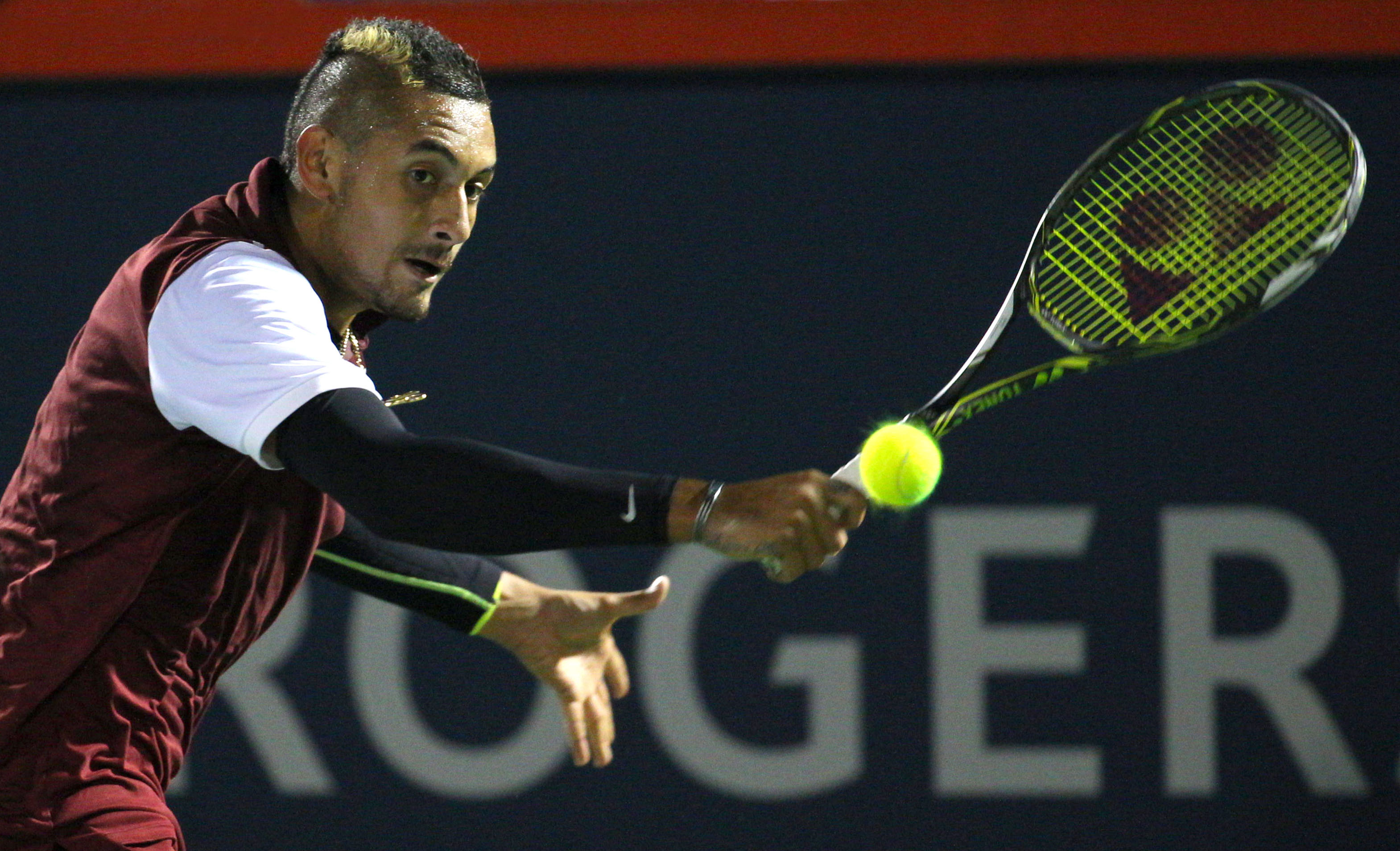 Nick Kyrgios of Australia hits a shot against Stan Wawrinka of Switzerland during the Rogers Cup tennis tournament in Montreal, Quebec, Canada on August 12, 2015. (Jean-Yves Ahern—USA TODAY Sports / Reuters)