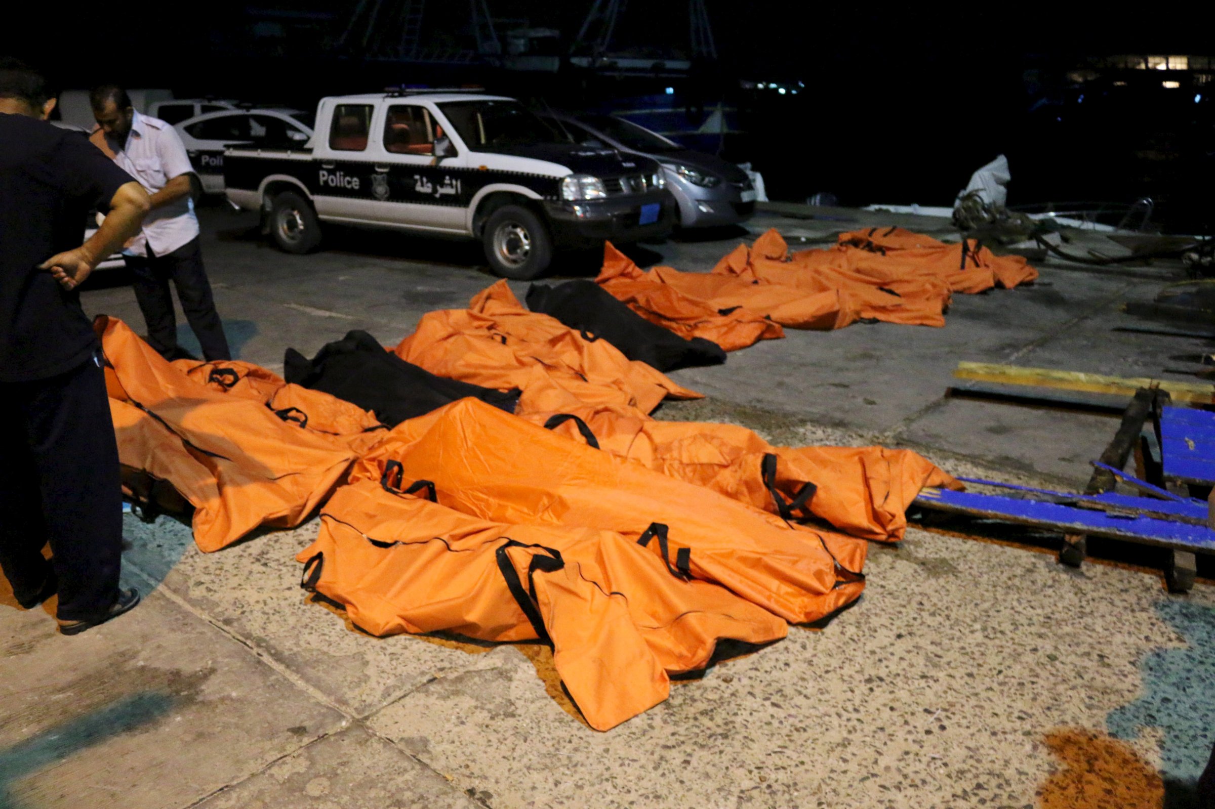 A view of the bodies of dead migrants that were recovered by the Libyan coastguard after a boat sank off the coastal town of Zuwara
