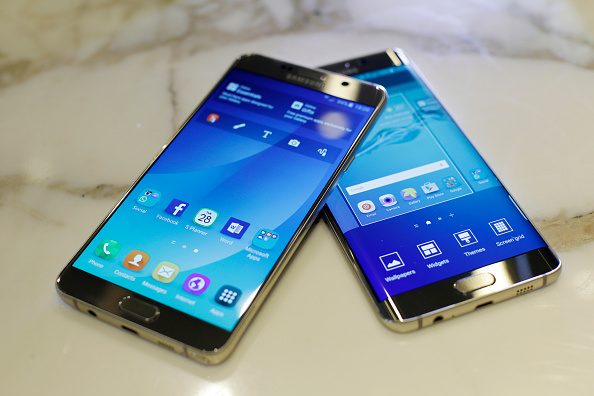 A Samsung Galaxy S6 Edge Plus smartphone (R) and a Galaxy Note 5 smartphone.