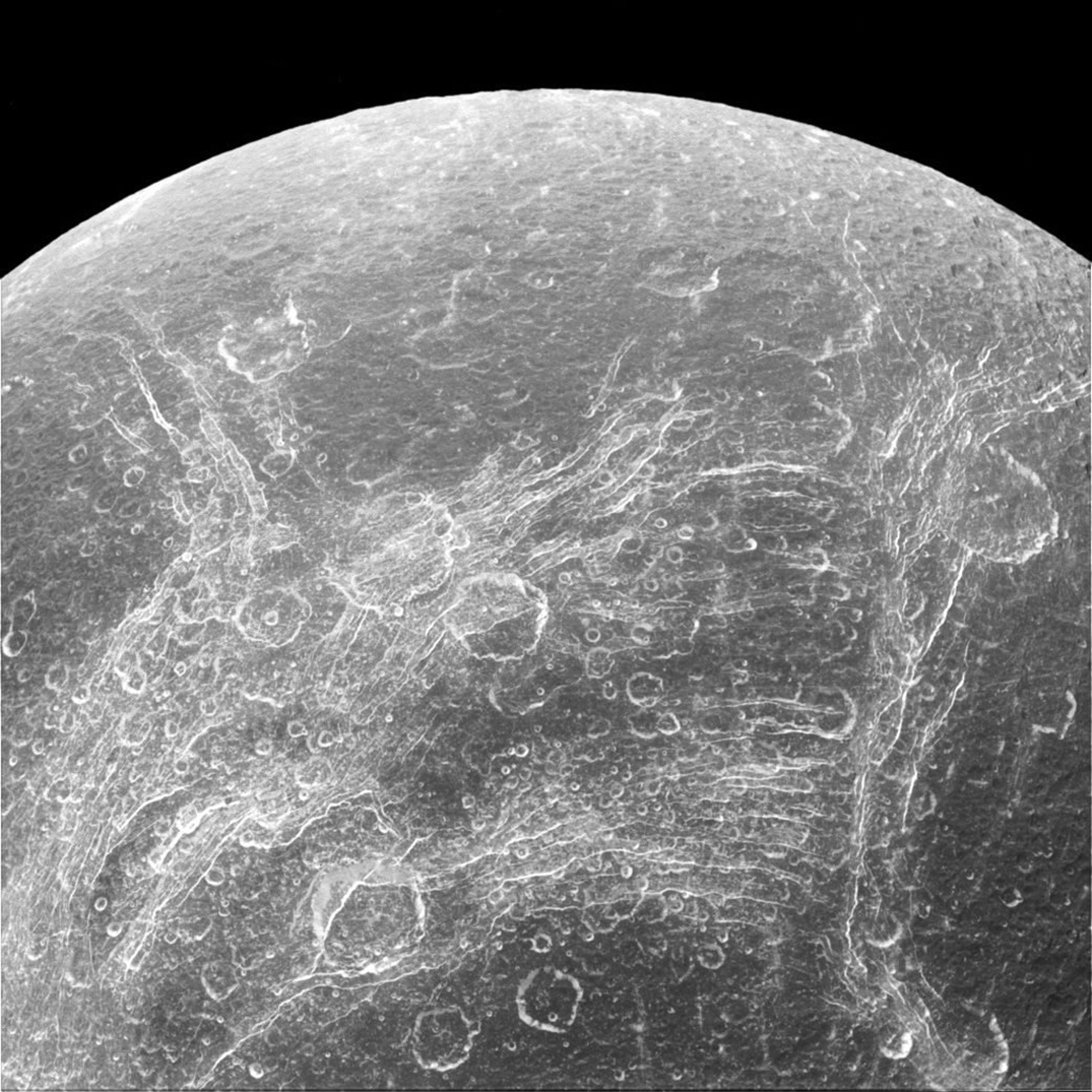A visible light image of Saturn's moon Dione captured with the Cassini spacecraft narrow-angle camera on April 11, 2015 and released on Aug. 17, 2015. (NASA/JPL-Caltech/Space Science Institute/EPA)
