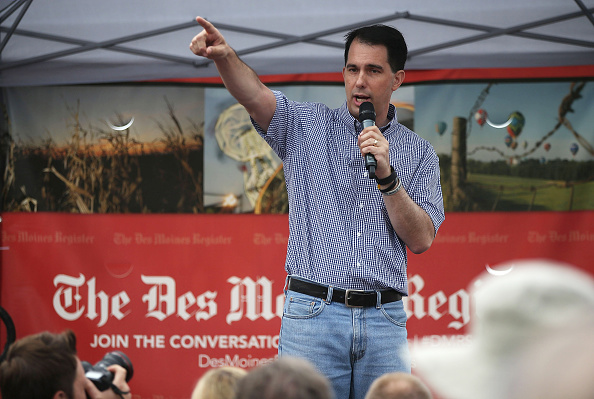 Republican presidential candidate and Wisconsin Gov. Scott Walker speaks to fairgoers during the Iowa State Fair on August 17, 2015 in Des Moines, Iowa.
