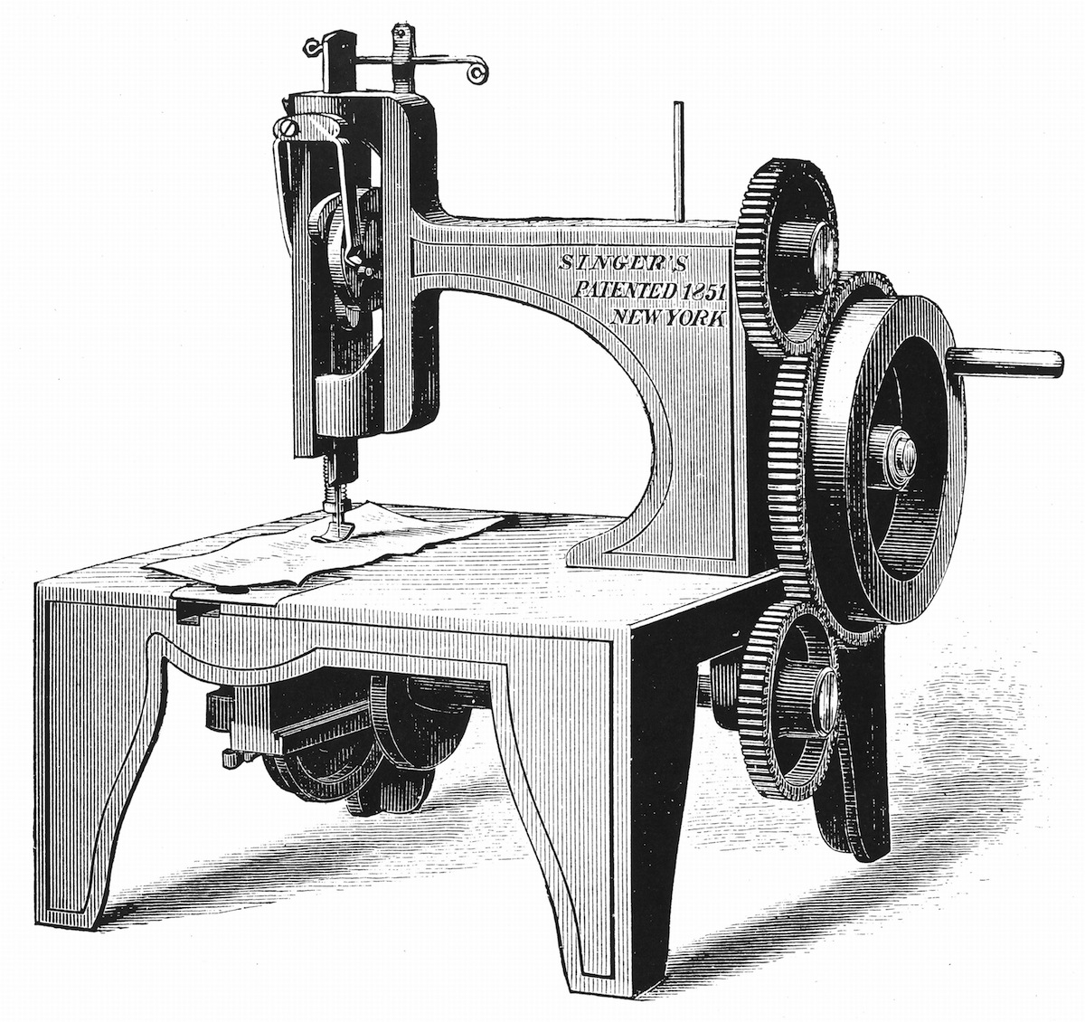 Wood engraving image of Isaac Merrit Singer's  first sewing machine, patented 1851. (Universal Images Group / Getty Images)
