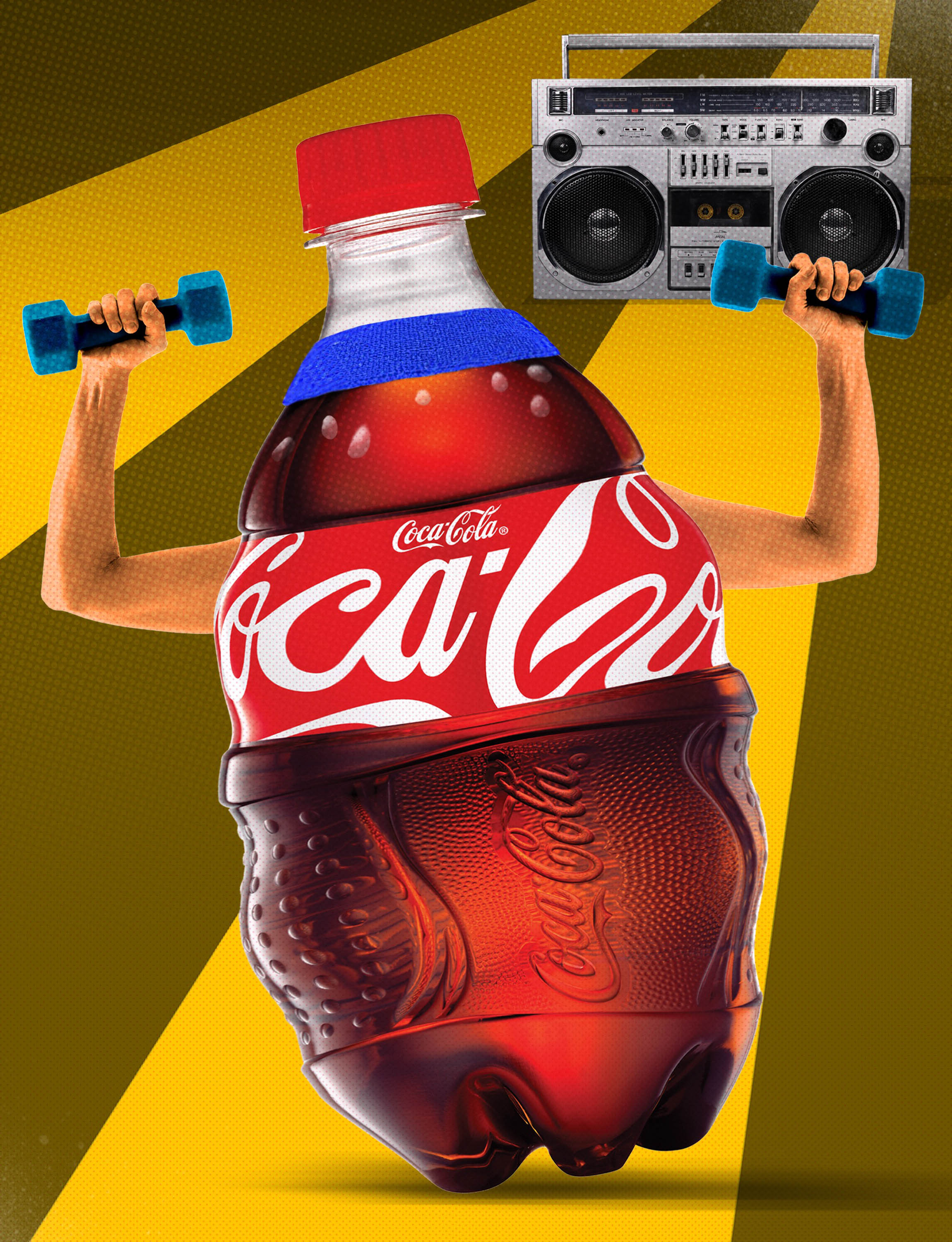 You may not have noticed it yet, but sodamakers are working hard to get you off your couch. (Arms, boom box: Getty Images; Bottle: Coca-Cola; Photo-Illustration by Gluekit for TIME)