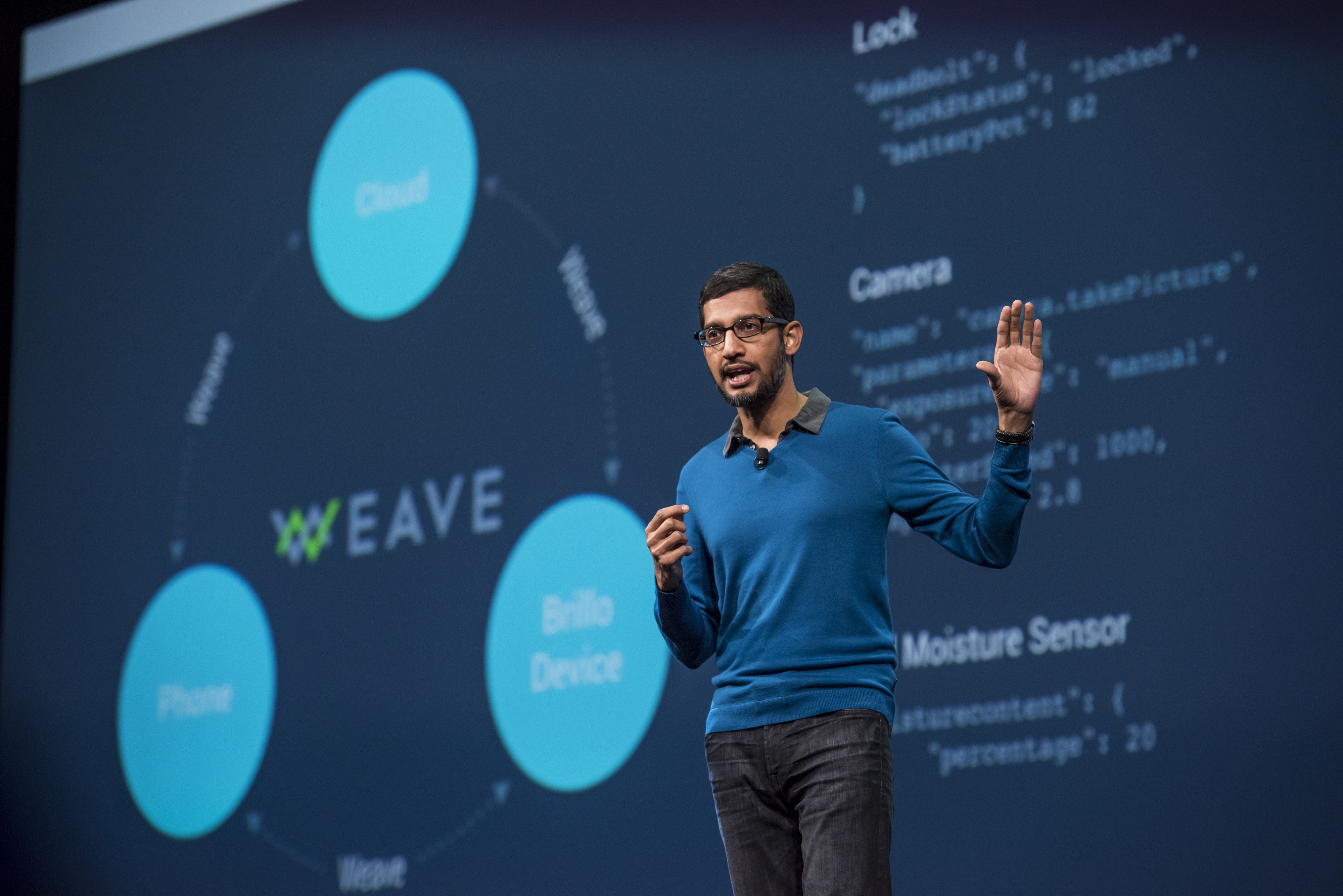 Sundar Pichai, senior vice-president of Products for Google Inc., speaks during the Google I/O Annual Developers Conference in San Francisco on May 28, 2015. (David Paul Morris—Bloomberg/Getty Images)