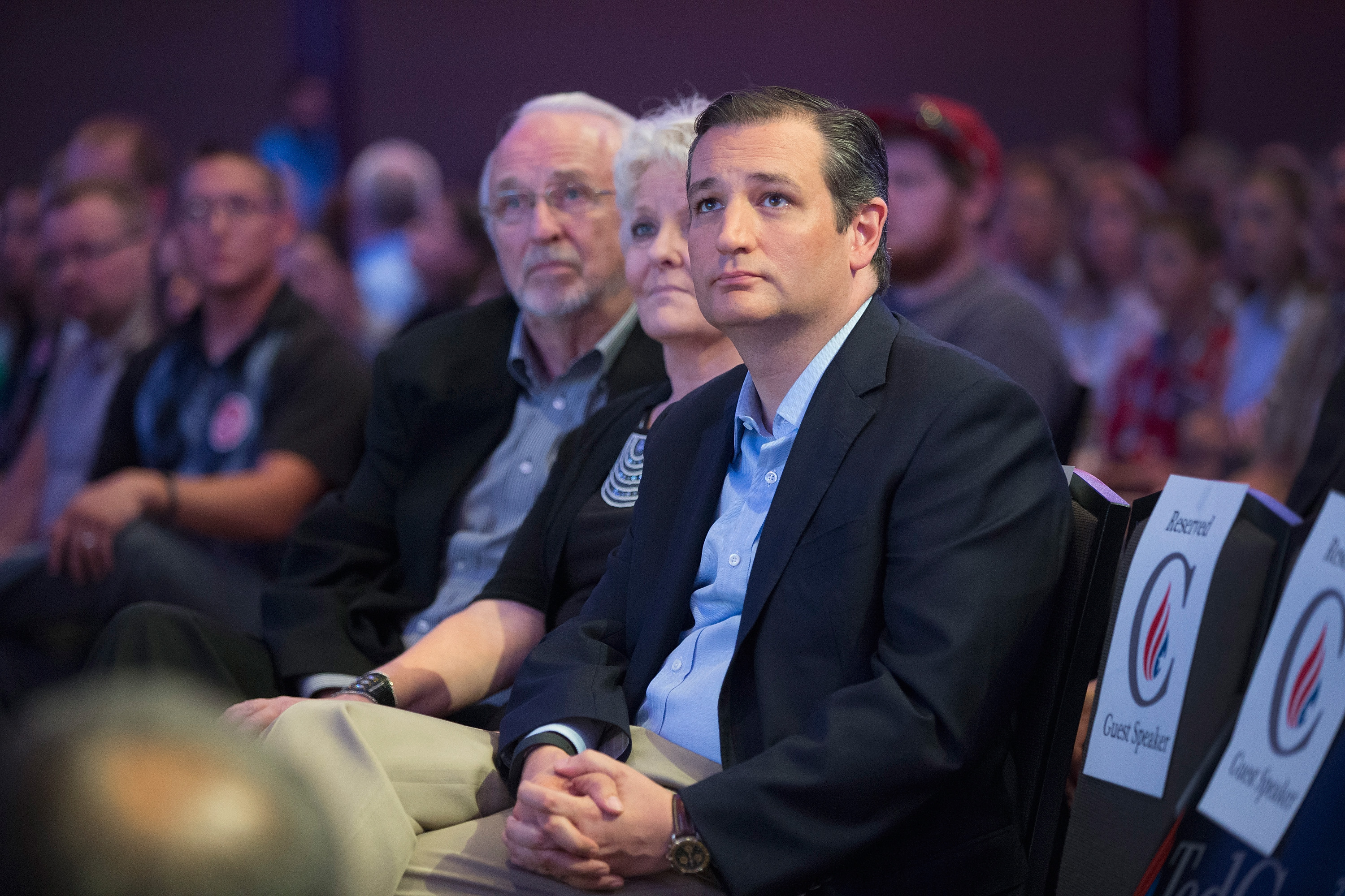 Republican presidential candidate Sen. Ted Cruz waits to be introduced at his Religious Liberty Rally  in Des Moines, Iowa, on Aug. 21, 2015.