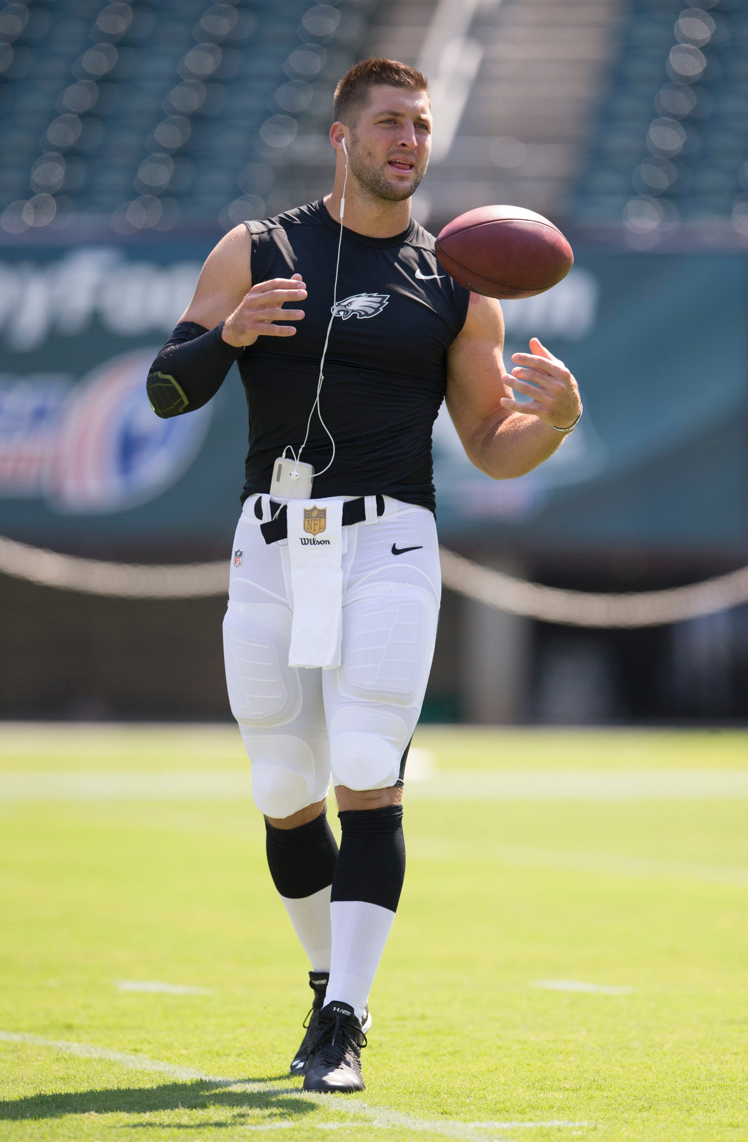 Tim Tebow of the Philadelphia Eagles warms up prior to the game against the Indianapolis Colts on Aug. 16, 2015 at Lincoln Financial Field in Philadelphia.