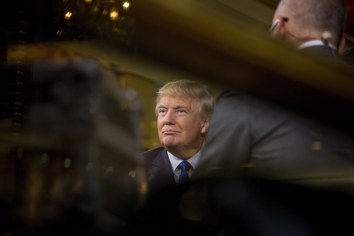Donald Trump speaks during a TV interview at the Trump Bar inside the Trump Tower in New York City, on Aug. 26, 2015. (Michael Nagle—Bloomberg / Getty Images)
