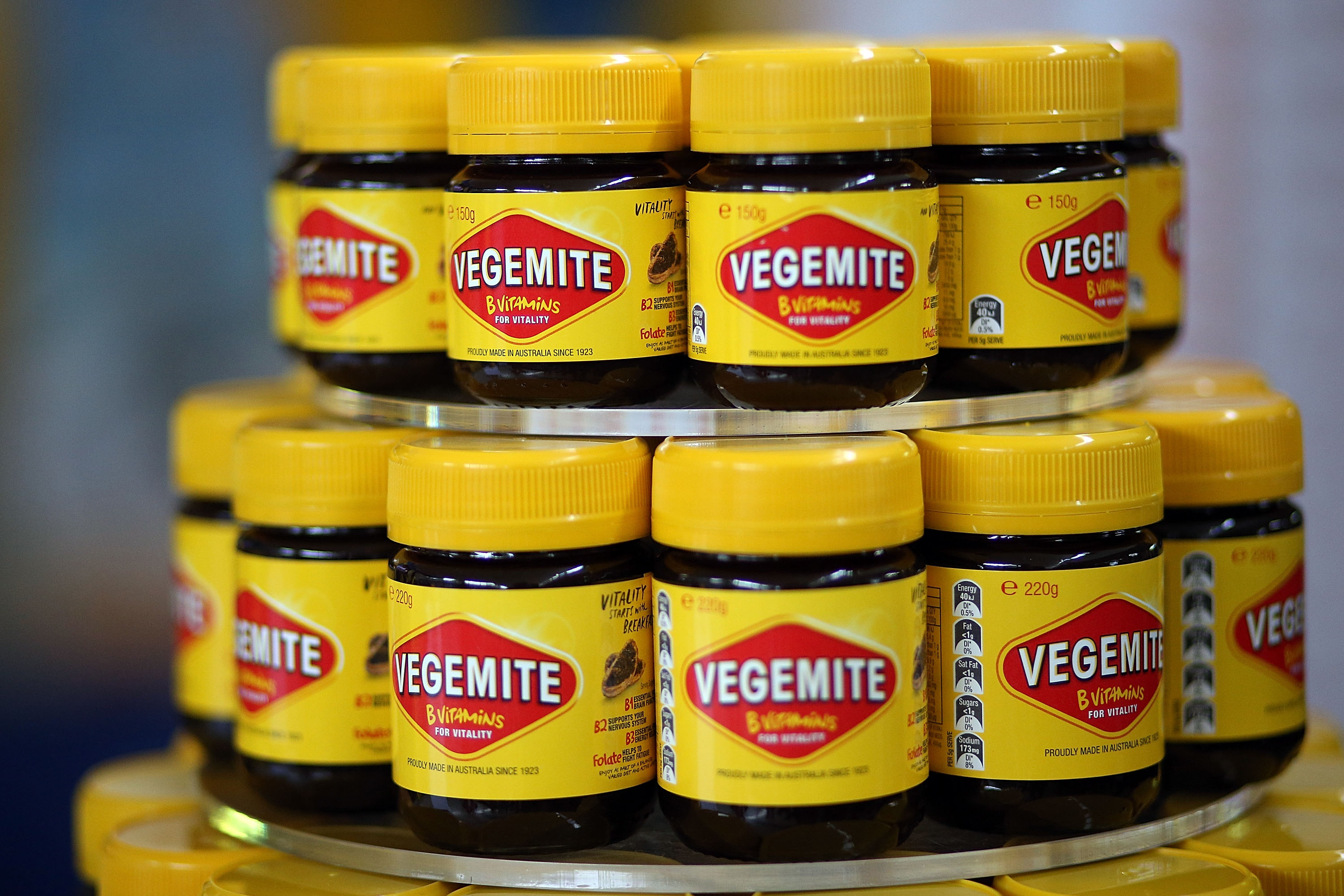 Jars of Vegemite are seen during a press call to celebrate the Vegemite brand's 90th year at the Vegemite factory in Melbourne on Oct. 24, 2013. (Graham Denholm—Getty Images)