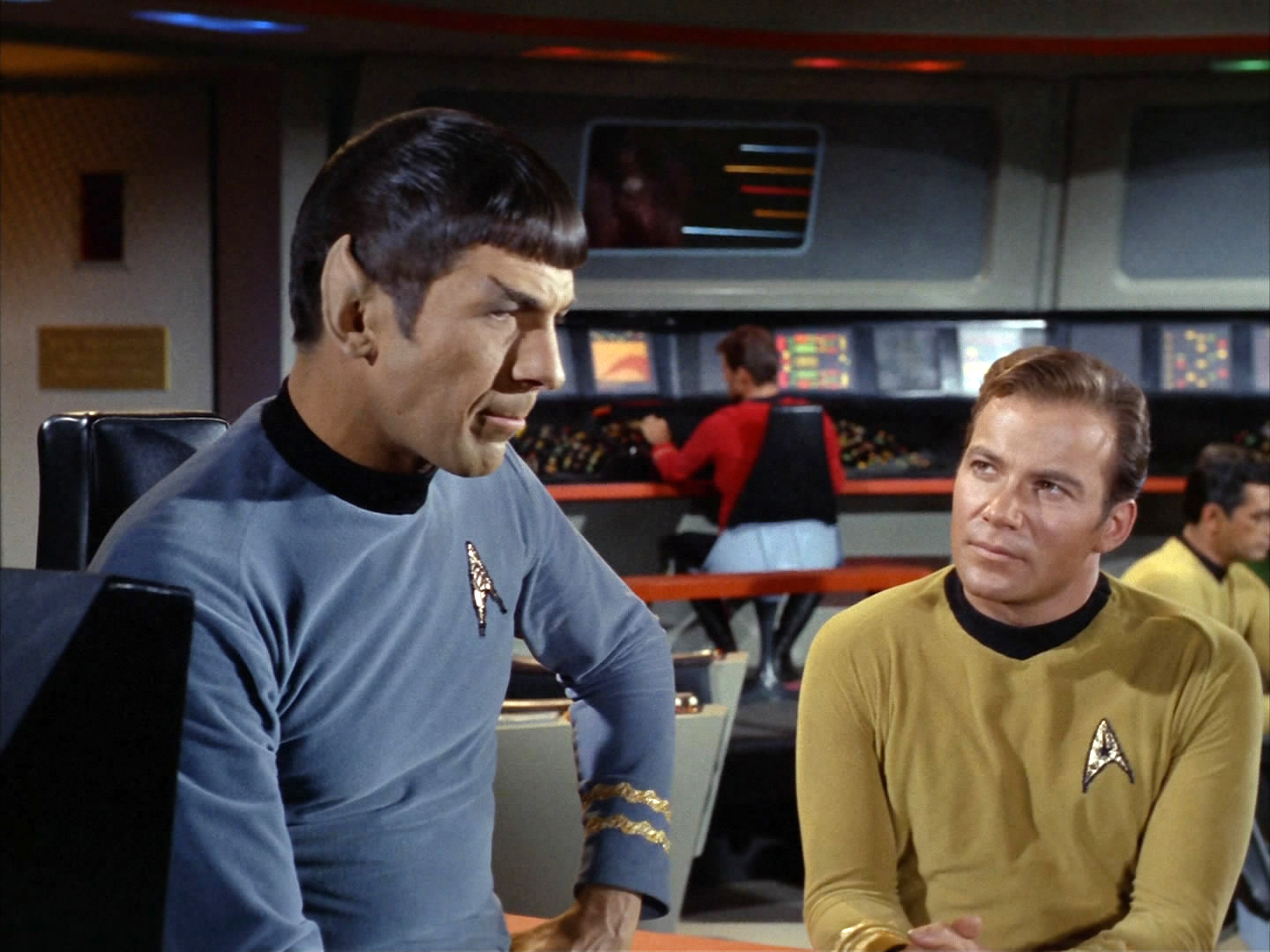 Leonard Nimoy as Commander Spock and William Shatner as Captain James T. Kirk on the bridge of the USS Enterprise on Star Trek: The Original Series on Feb. 16, 1967. (CBS Photo Archive/Getty Images)