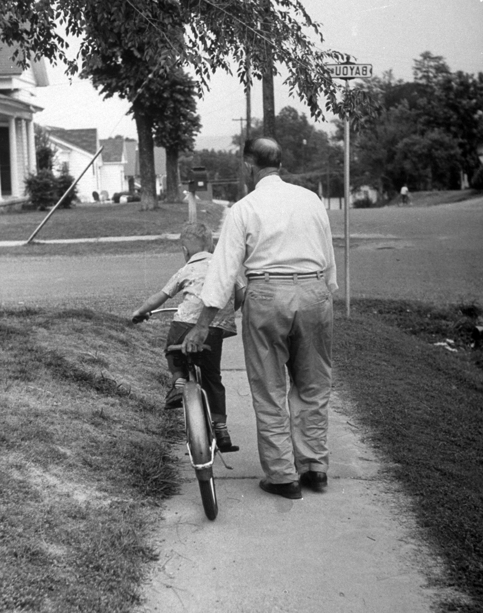 Six-year-old Billy Conner taking a wobbly first ride on a big bicycle as his grandfather William Conner gives him a steadying hand on the back of his seat, at home.