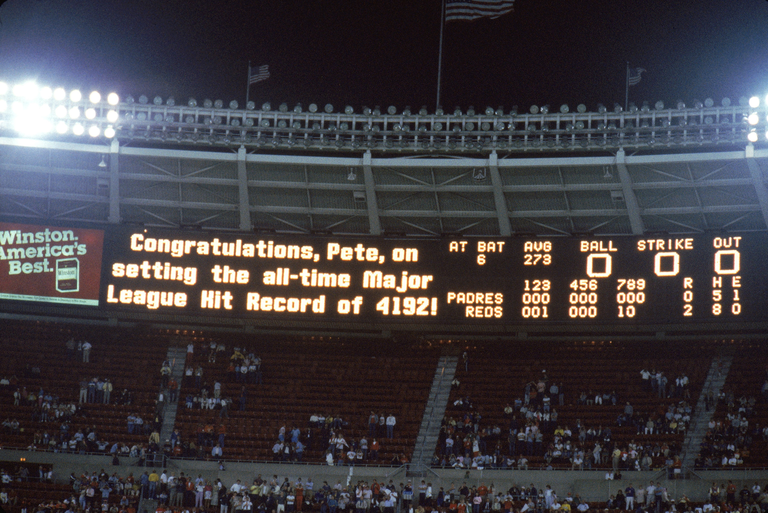 View of the scoreboard saying  as Pete Rose #14 of the Cincinnati Reds made his 4,192th hit.