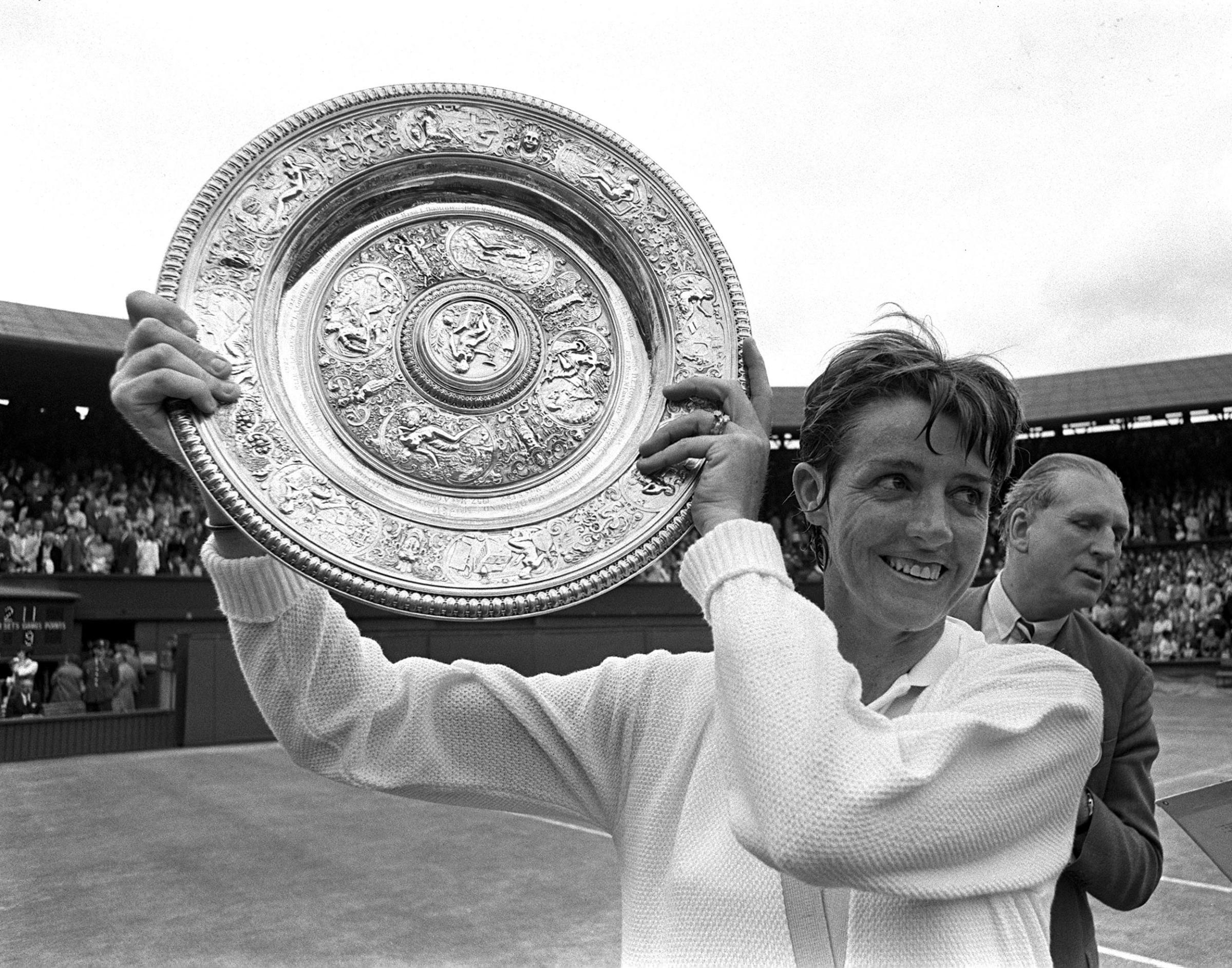 Sport, Tennis, All England Lawn Tennis Championships, Wimbledon, England, 3rd July 1970, Ladies Singles Final, Australia's Margaret Court holds the Ladies Singles Plate after beating USA's Billie Jean-King 14-12, 11-9