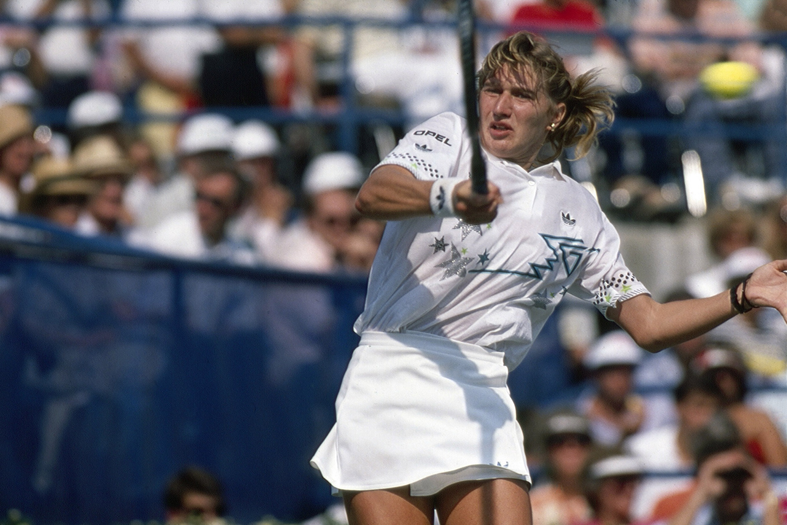Steffi Graf in action vs Argentina's Gabriela Sabatini during the Women's Final at USTA National Tennis Center in Queens, N.Y., on Sept. 10, 1988.