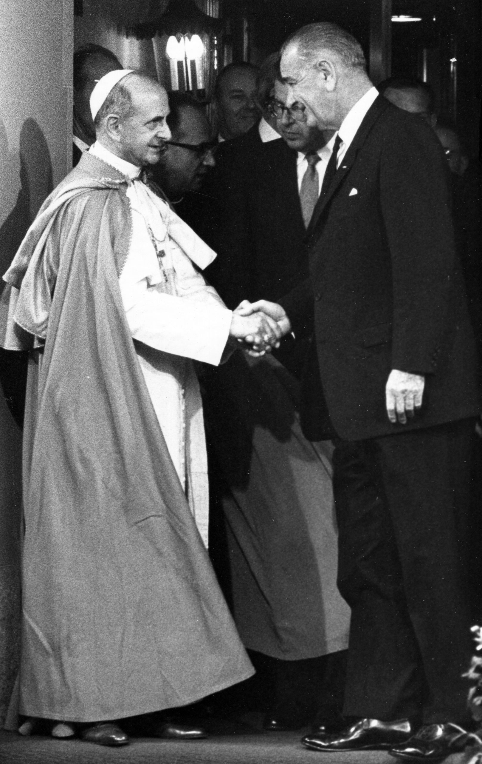 President Lyndon Johnson and Pope Paul VI, the first Roman Catholic Pontiff to journey to the Western hemisphere, bid farewell to each other following their hour-long conference at the Waldorf-Astoria, New York, N.Y., Oct. 4, 1965.