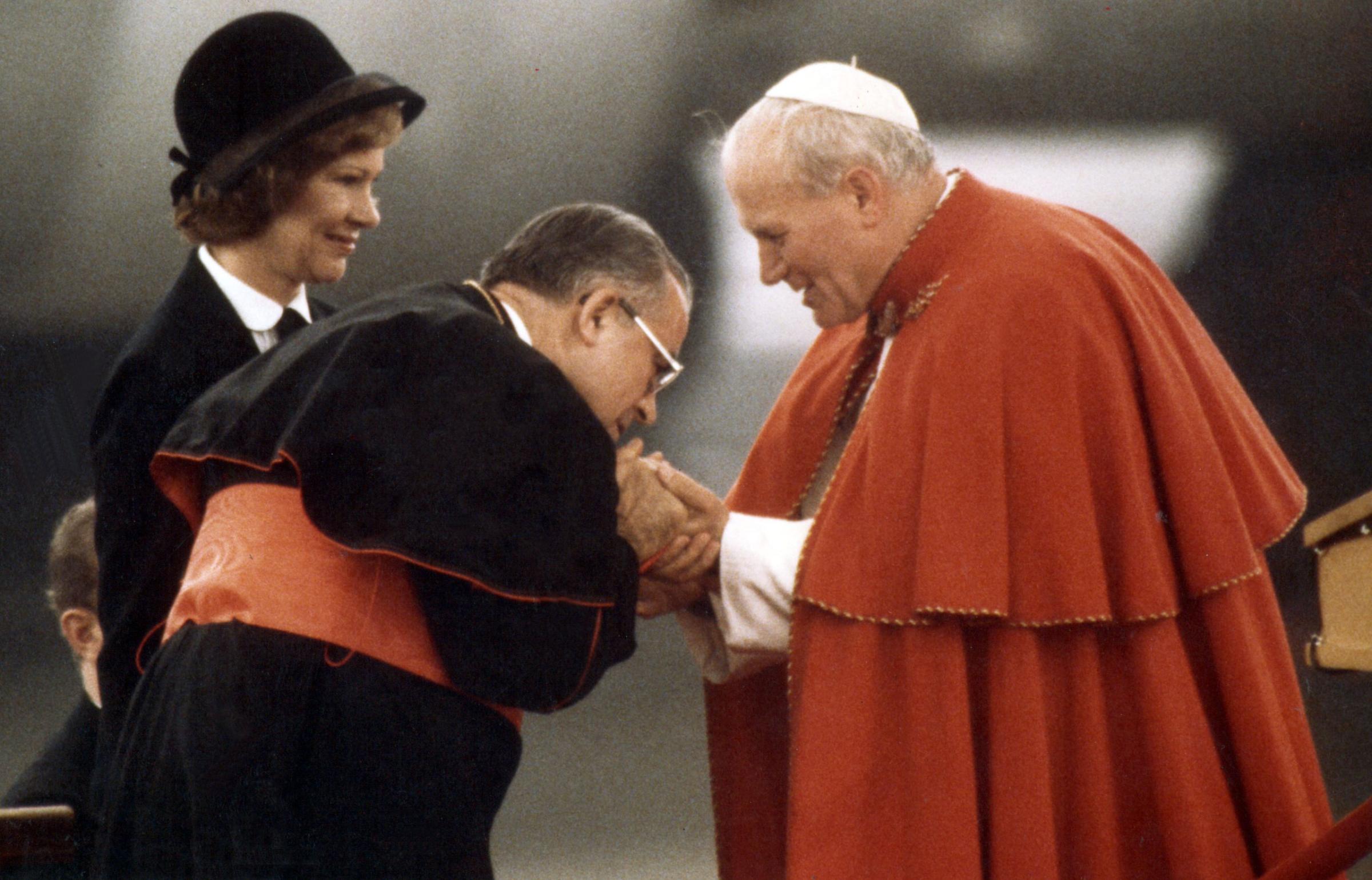 Cardinal Humberto S. Mederios and first lady Rosalyn Carter greeted Pope John Paul II on his arrival at Logan Airport. Boston, October 1, 1979.