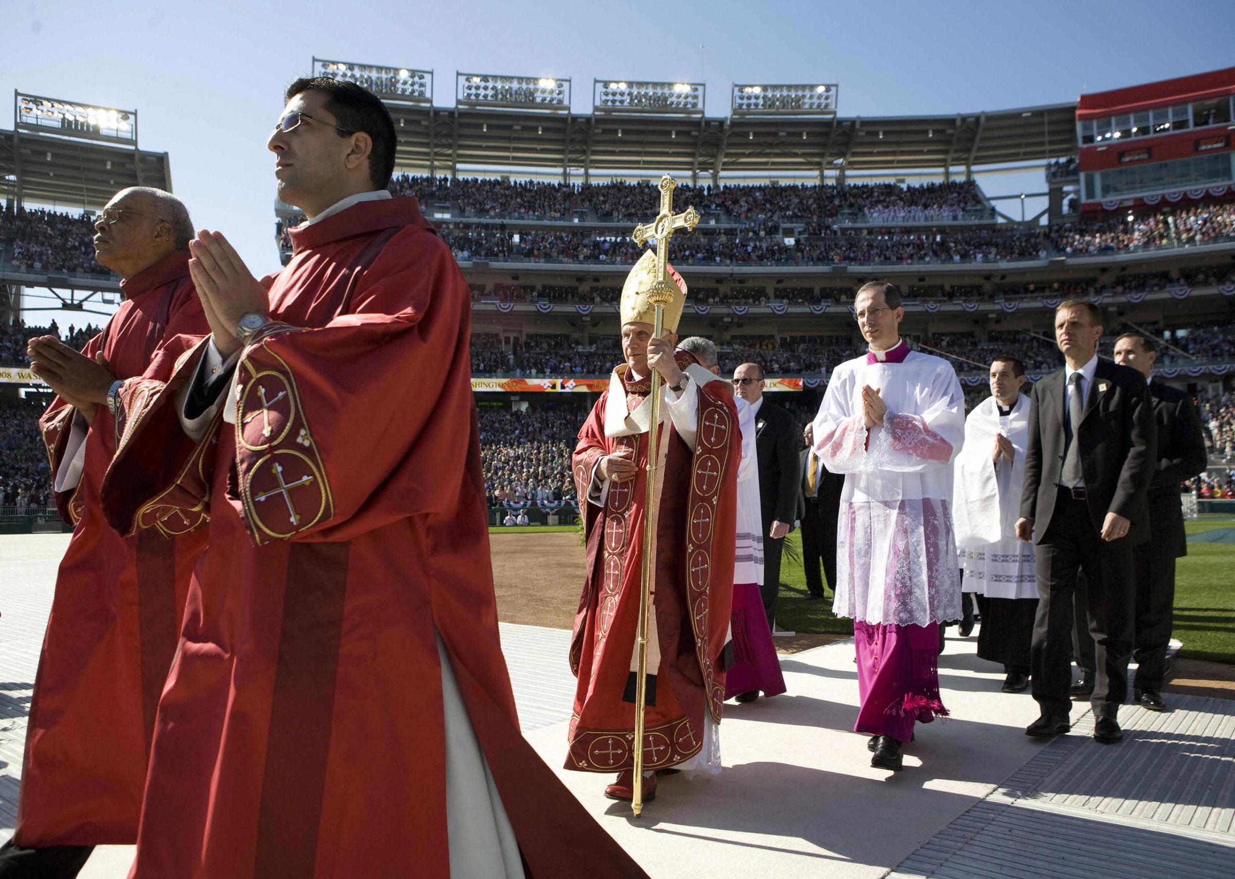 Pope Benedict XVI arrives to celebrate Mass April 17, 2008 at Nationals Park in Washington, DC.