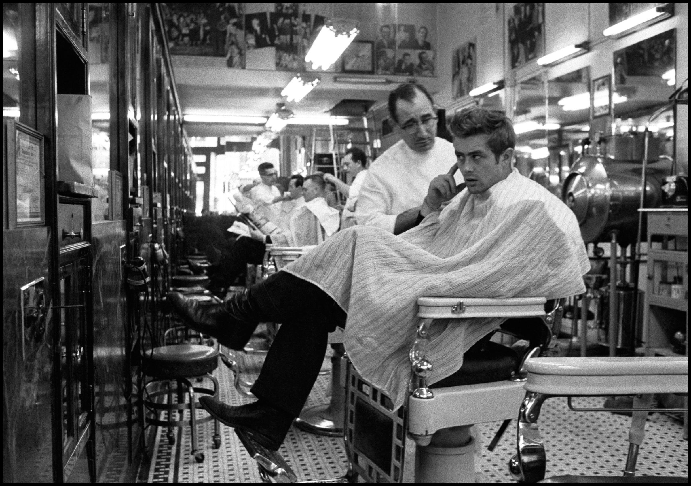 James Dean at a barber shop near Times Square, New York. 1955.