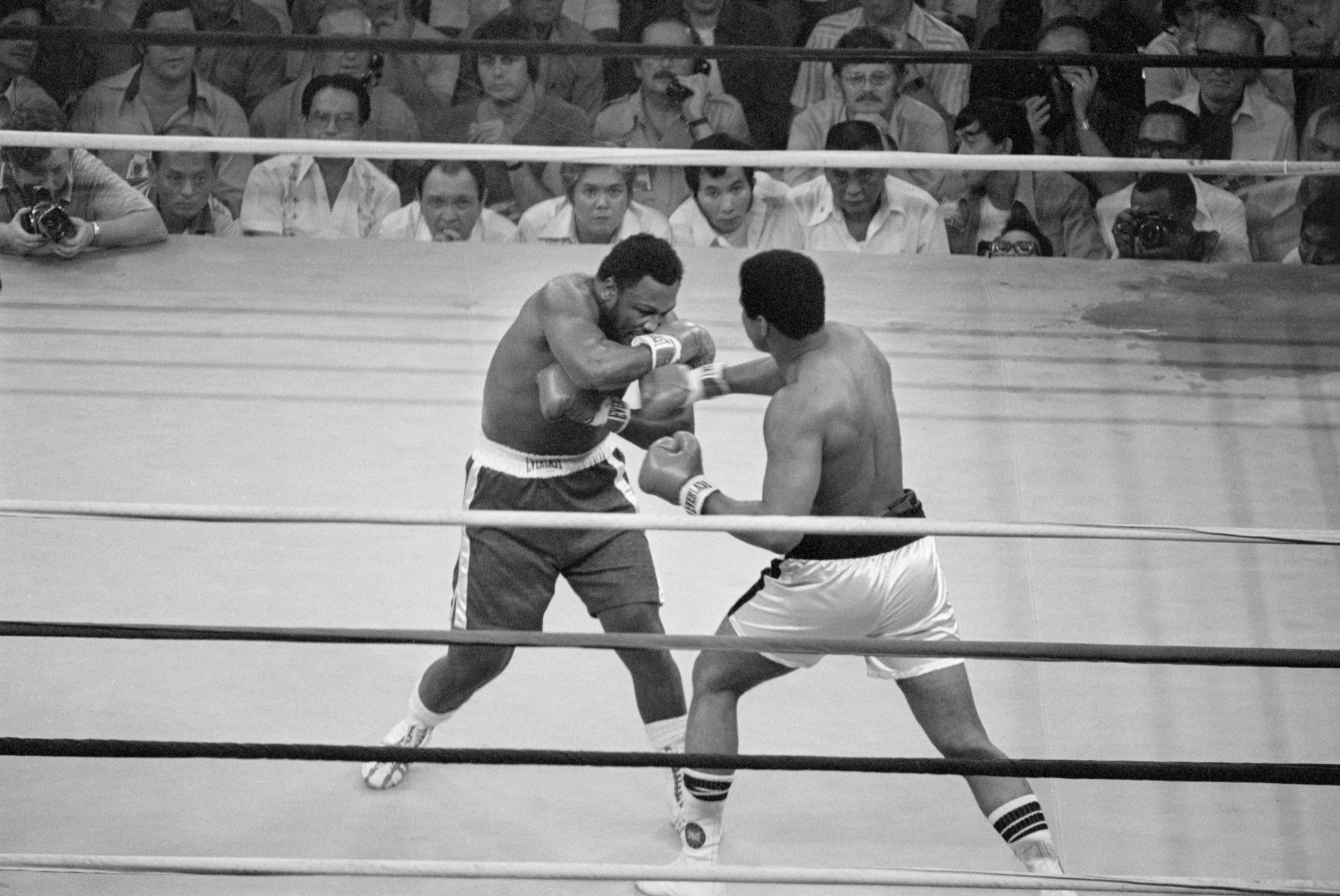 October 1, 1975, Manila, Luzon Island, Philippines—Heavyweight champion Muhammad Ali punches Joe Frazier during their title bout in Manila in 1975.