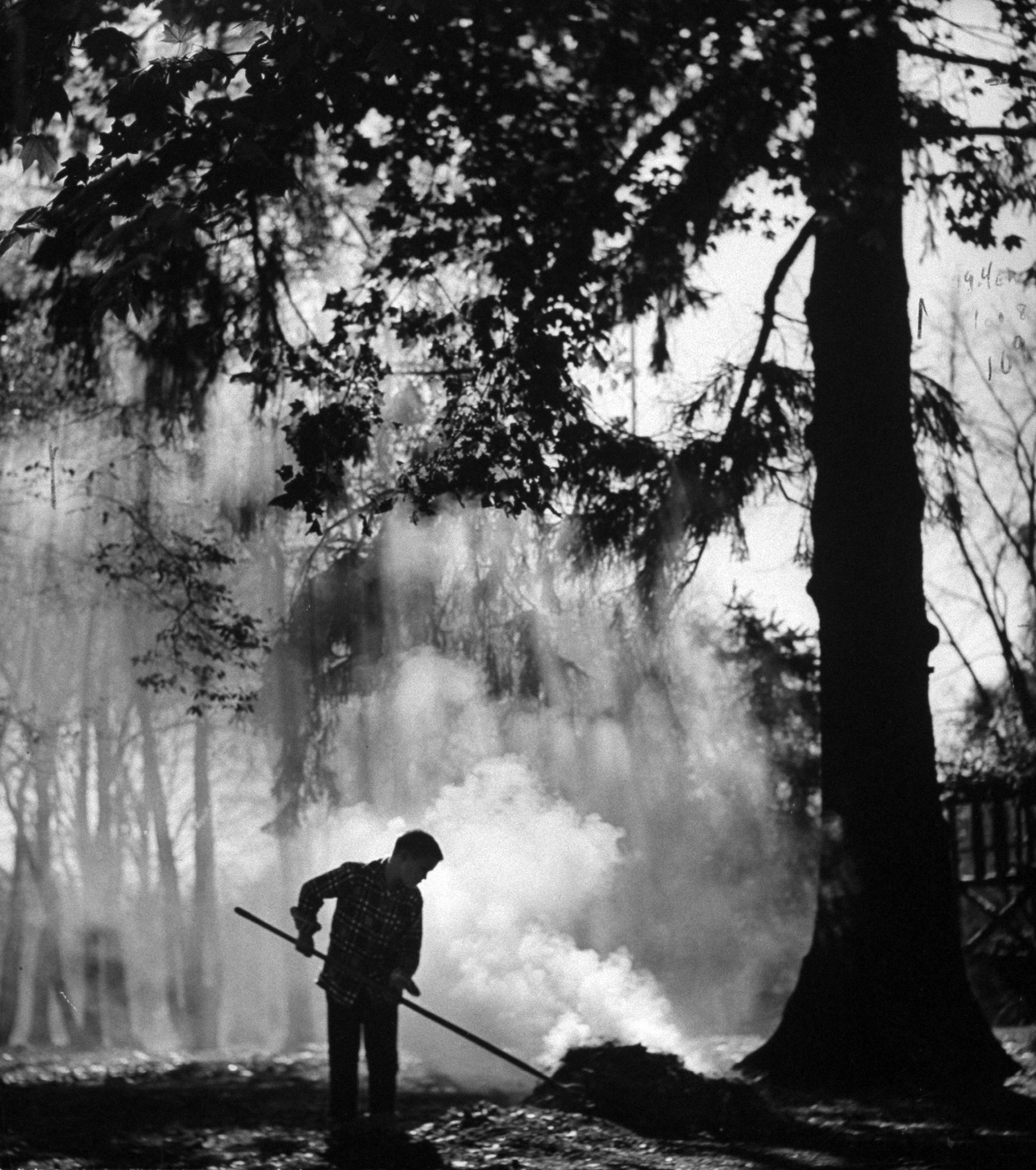 Combining play and seasonal chore, Doyce Waddell stirs a pile of burning leaves, and the smoke and gentle wind almost smother the slanting sunlight of autumn.