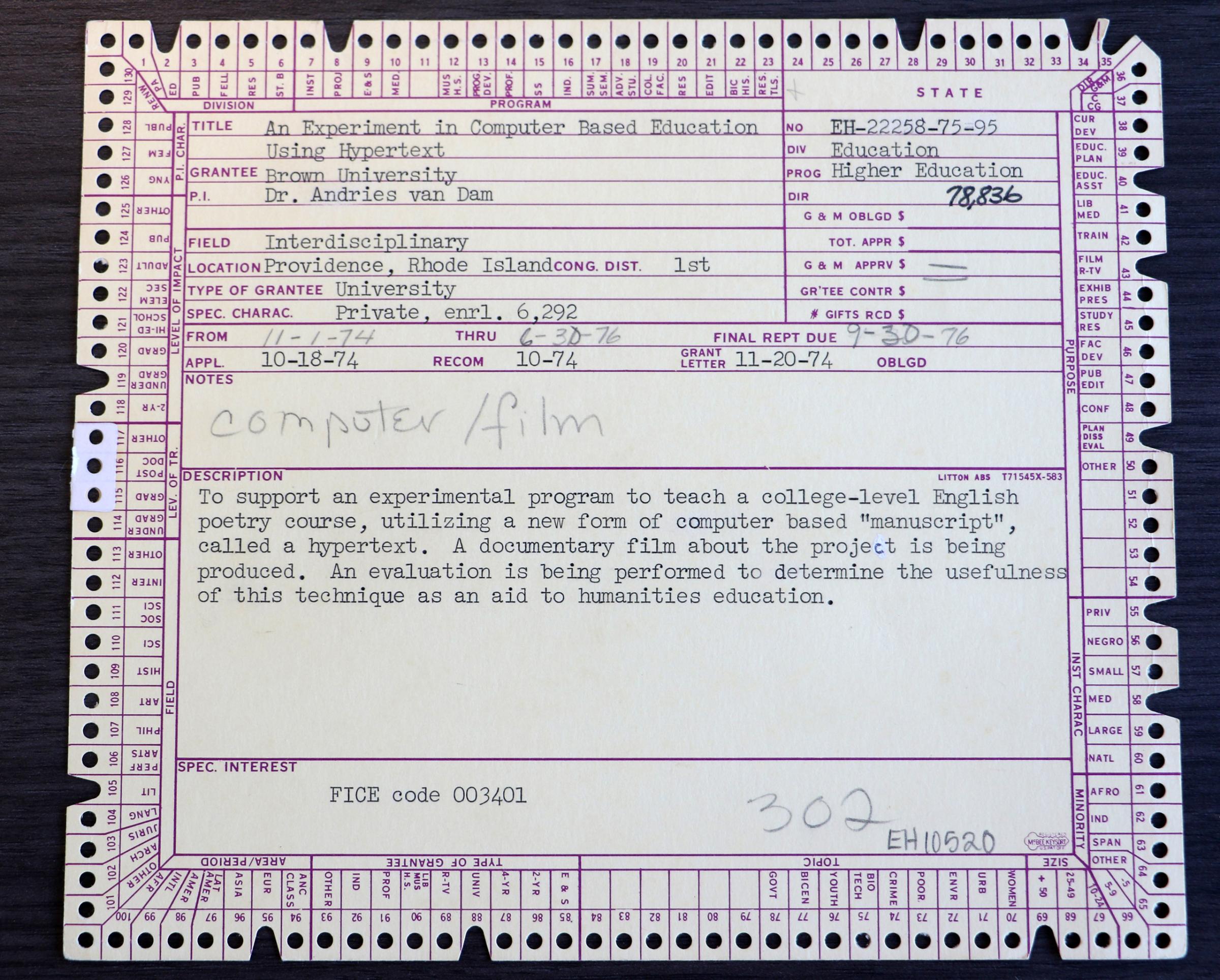 A 1974 Education grant to Dr. Andries van Dam at Brown University: An Experiment in Computer Based Education Using Hypertext.