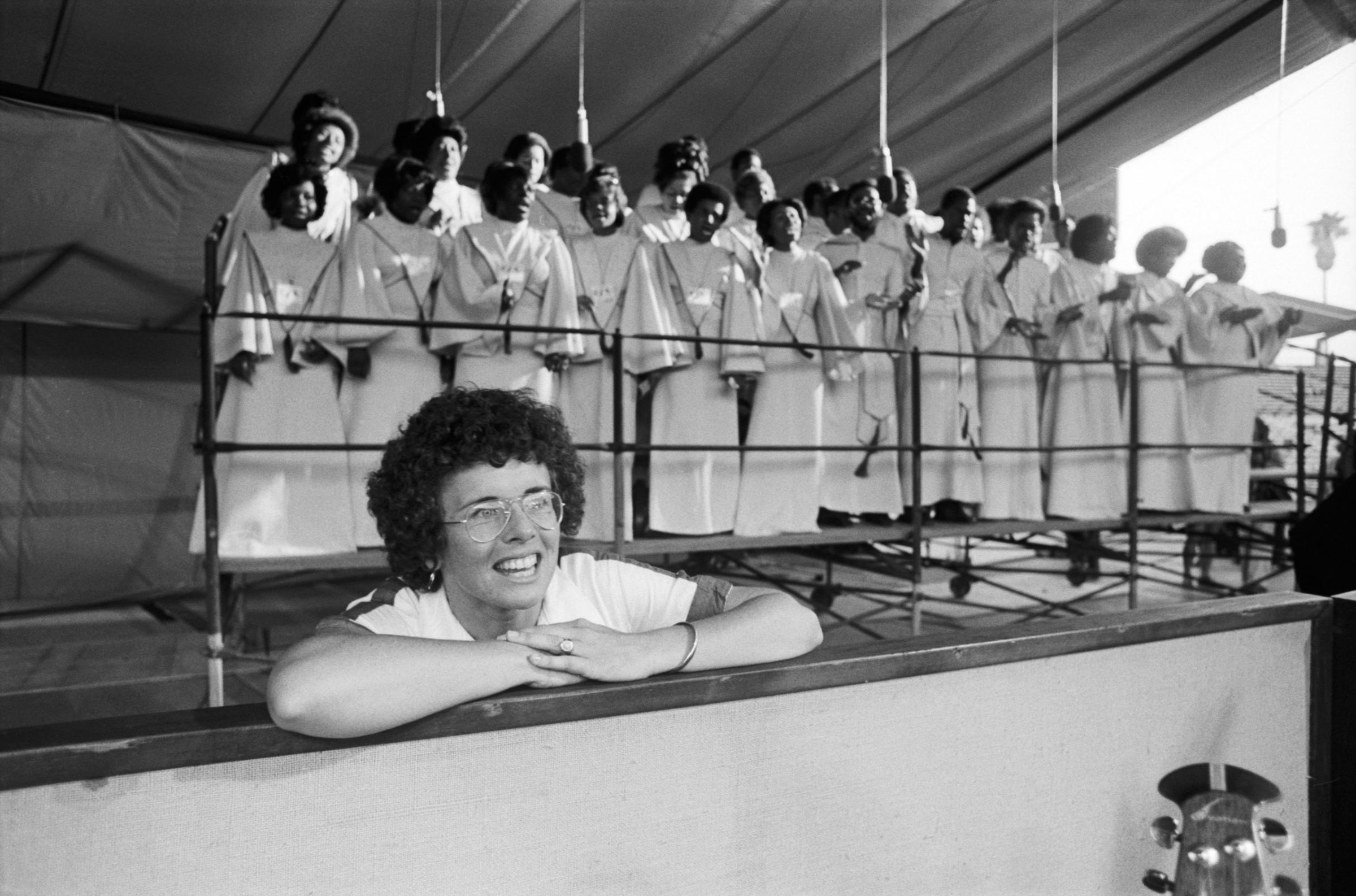 Billie Jean King stands in front of the 45-member James Cleveland Choir, who joined Elton onstage for several songs.