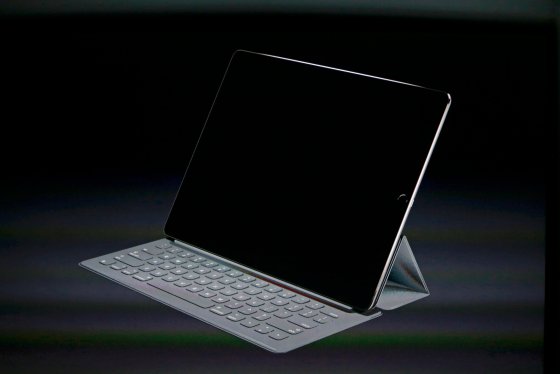 An iPad Pro with a keyboard is seen during an Apple media event in San Francisco, California