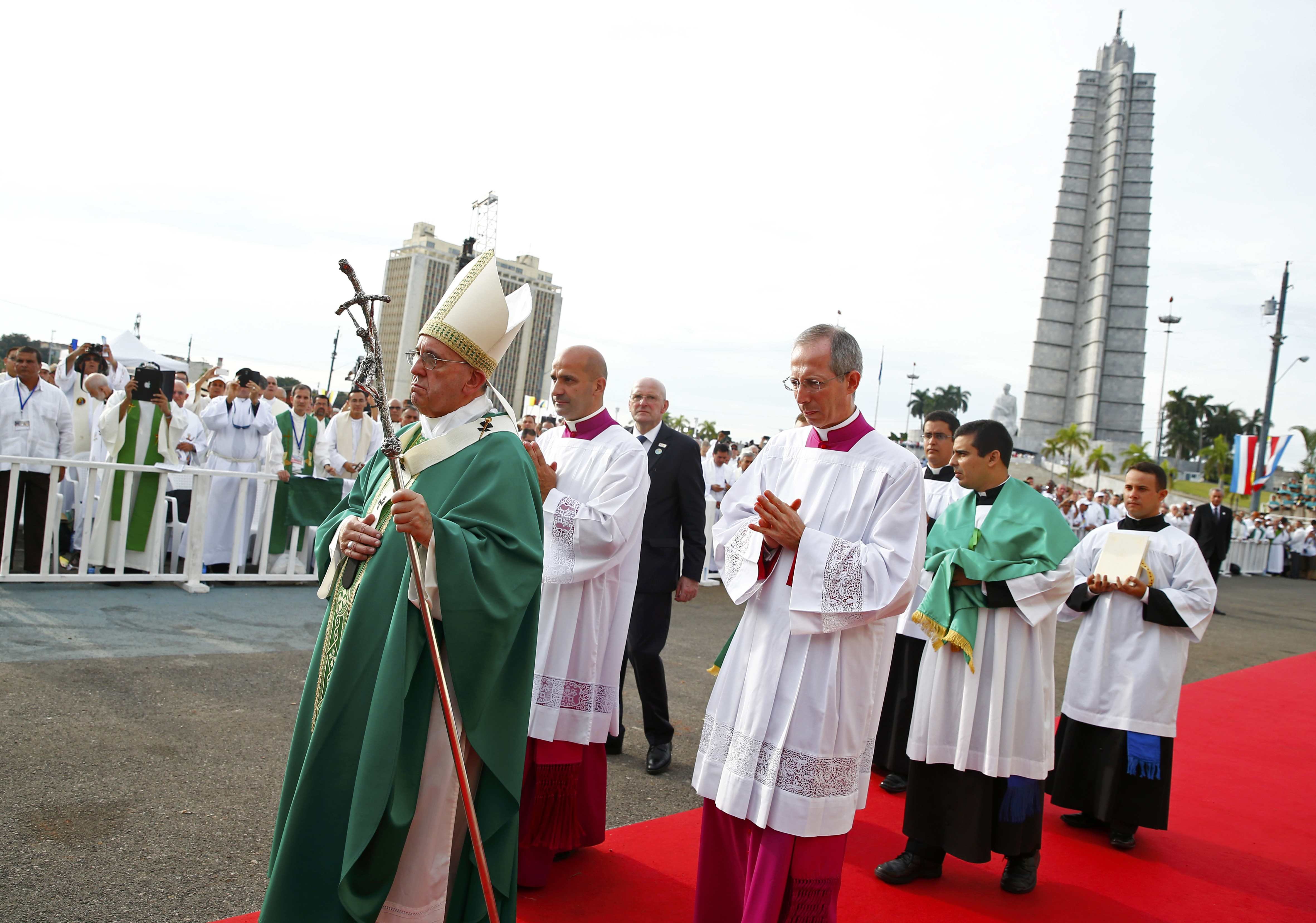 Pope Francis arrives for the first mass of his visit to Cuba in Havana's Revolution Square, Sept. 20, 2015.
