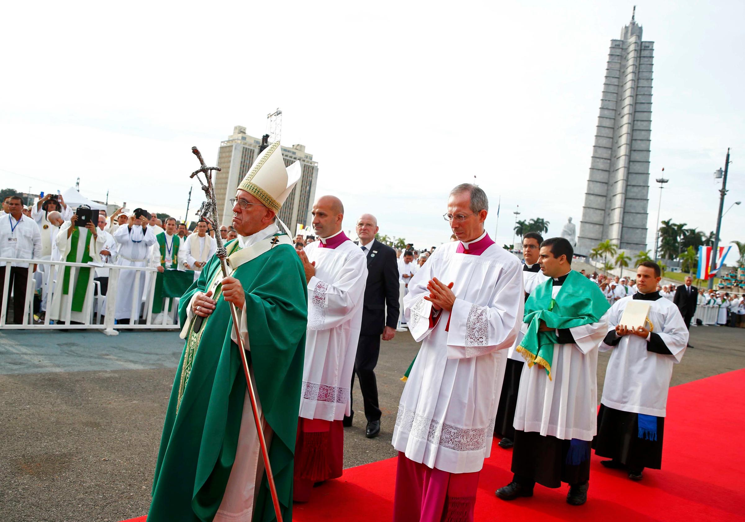 Pope Francis arrives for the first mass of his visit to Cuba in Havana's Revolution Square