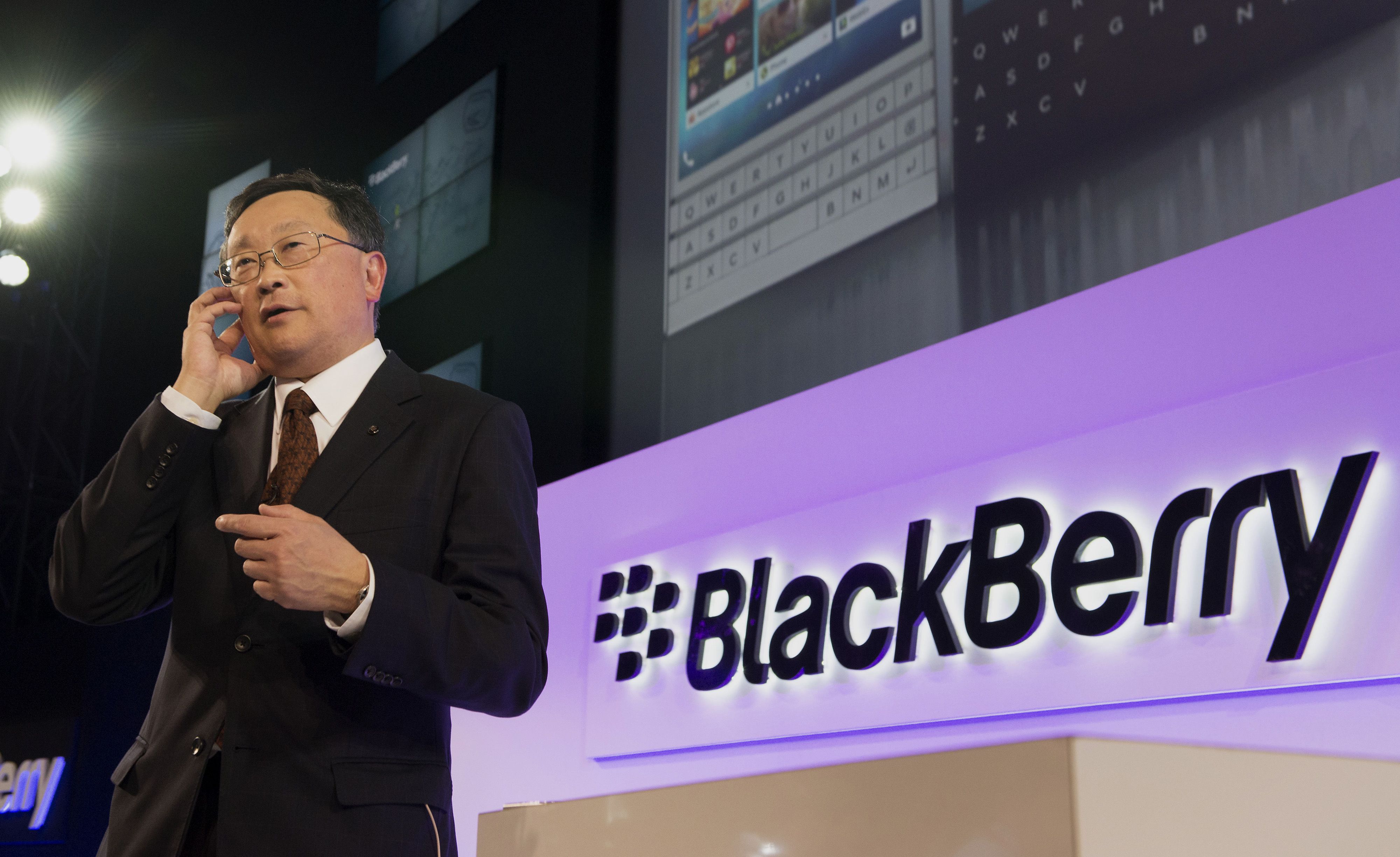 John Chen, chief executive officer of BlackBerry Ltd., speaks on a Passport smartphone during a Bloomberg Television interview at a product announcement in Toronto, Ontario, Canada, on Wednesday, Sept. 24, 2014. (Bloomberg&mdash;Bloomberg via Getty Images)