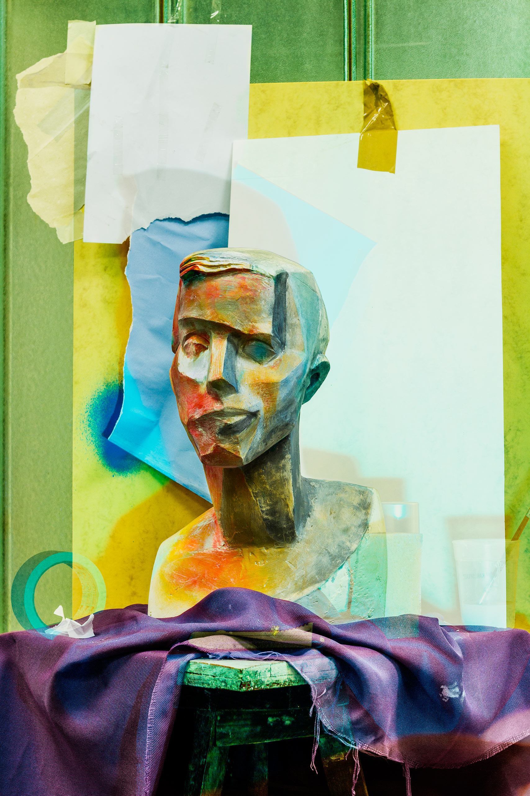 Painted plaster head (Self-portrait of a man in orange), 2015.