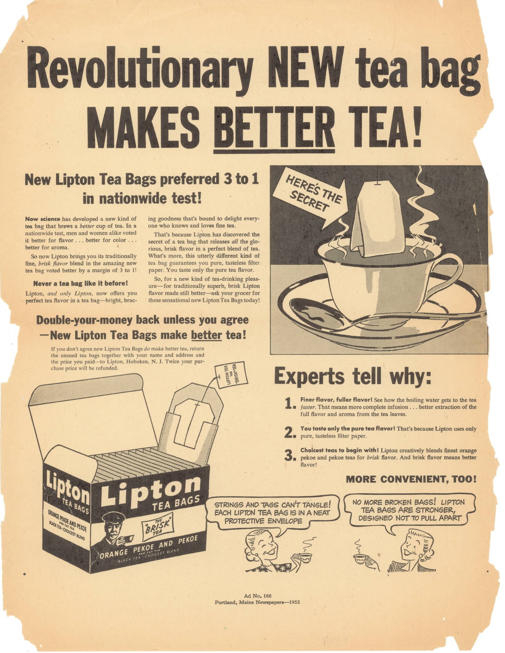 A Lipton ad for the first Flo-Thru bag in 1952 (Unilever)