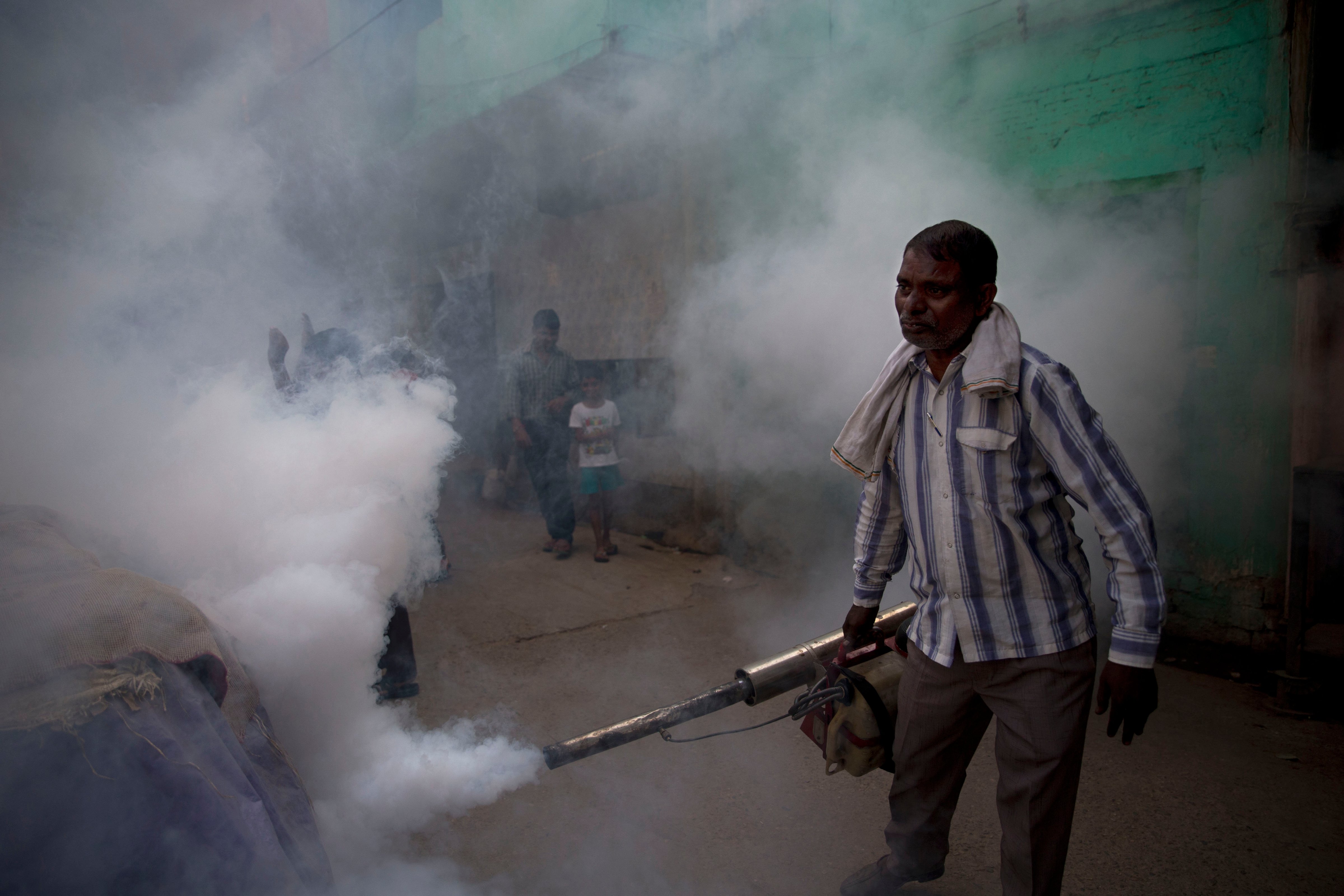 A municipal worker fumigates a residential area to prevent mosquitoes from breeding in New Delhi on Sept. 7, 2015 (Tsering Topgyal—AP)