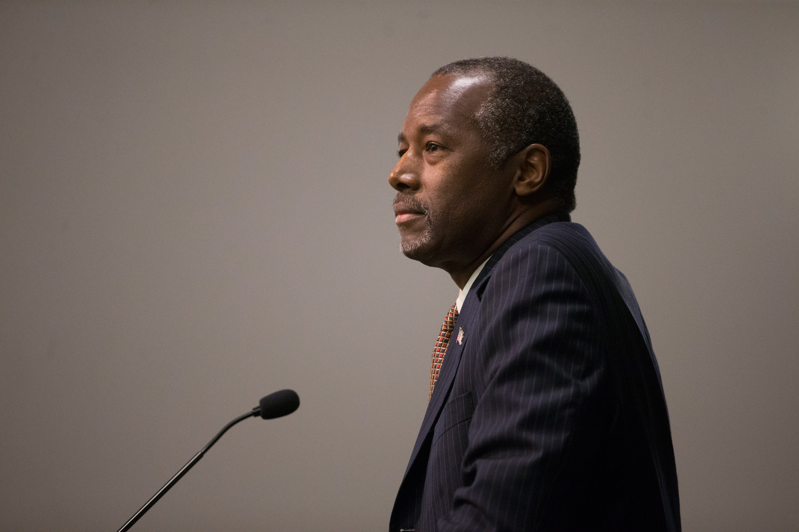 Republican presidential candidate Ben Carson takes questions at a news conference at the Sharonville Convention Center in Cincinnati on Sept. 22, 2015. (John Minchillo—AP)