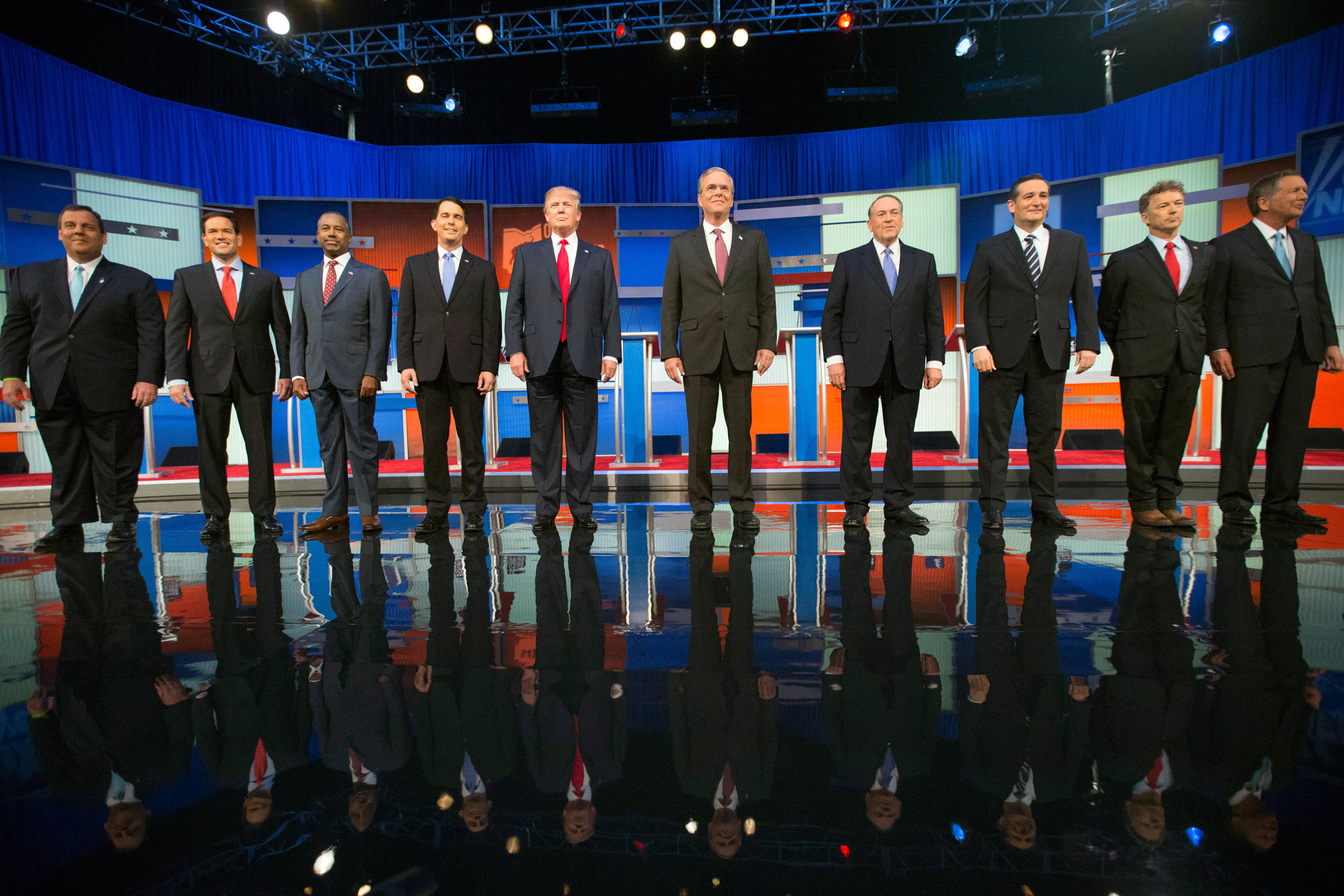 Republican presidential candidates from left, Chris Christie, Marco Rubio, Ben Carson, Scott Walker, Donald Trump, Jeb Bush, Mike Huckabee, Ted Cruz, Rand Paul, and John Kasich take the stage for the first Republican presidential debate on Aug. 6, 2015,  in Cleveland. (Andrew Harnik—AP)