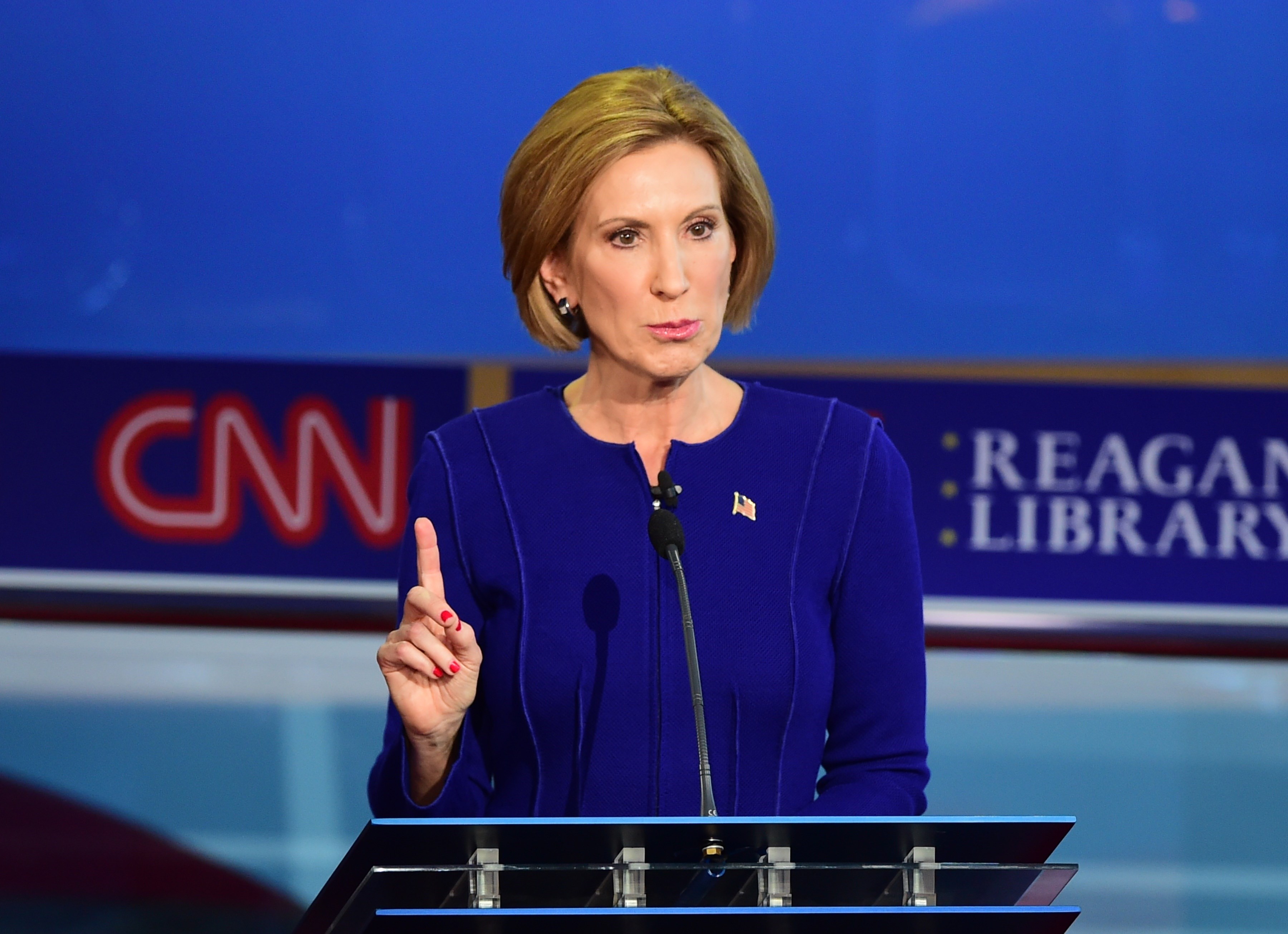 Republican presidential hopeful Carly Fiorina speaks during the Republican presidential debate at the Ronald Reagan Presidential Library in Simi Valley, California on Sept. 16, 2015. (Frederic Brown—AFP/Getty Images)