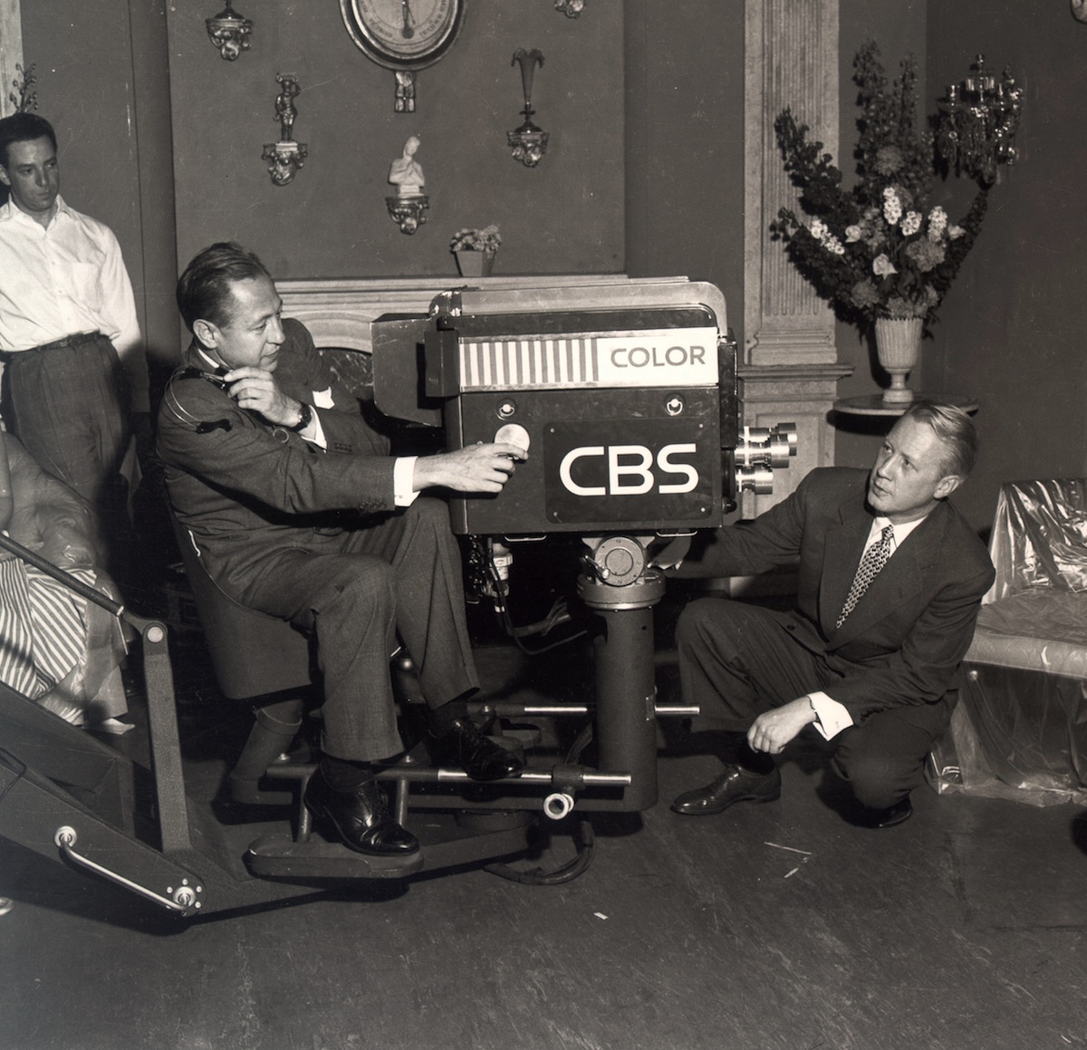 William S. Paley and Dr. Frank Stanton (right) with a color CBS television camera. 1951. (CBS Photo Archive / Getty Images)