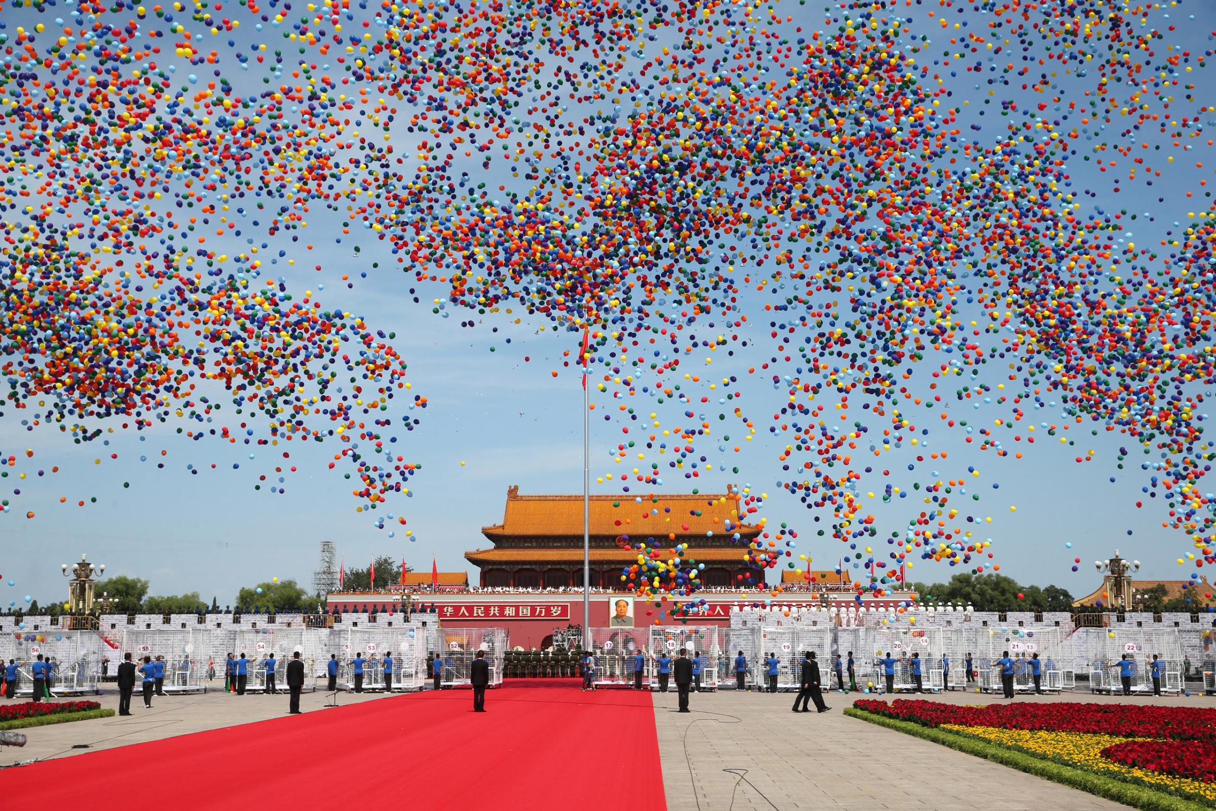 03 Sep 2015, Beijing, China --- (150903) -- BEIJING, Sept. 3, 2015 (Xinhua) -- Colorful balloons are released during the commemoration activities to mark the 70th anniversary of the victory of the Chinese People's War of Resistance Against Japanese Aggression and the World Anti-Fascist War, in Beijing, capital of China, Sept. 3, 2015. (Xinhua/Meng Yongmin)(mcg) --- Image by © Meng Yongmin/Xinhua Press/Corbis