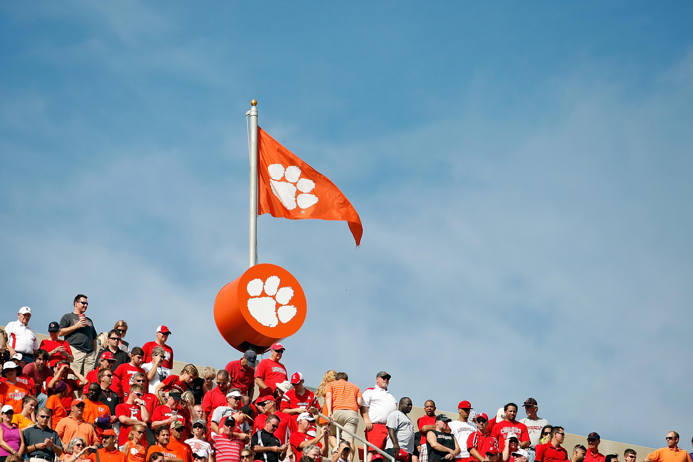 A Clemson flag flies above Memorial Stadium during the game between the Clemson Tigers and Louisville Cardinals in Clemson, S.C. on Oct. 11, 2014.