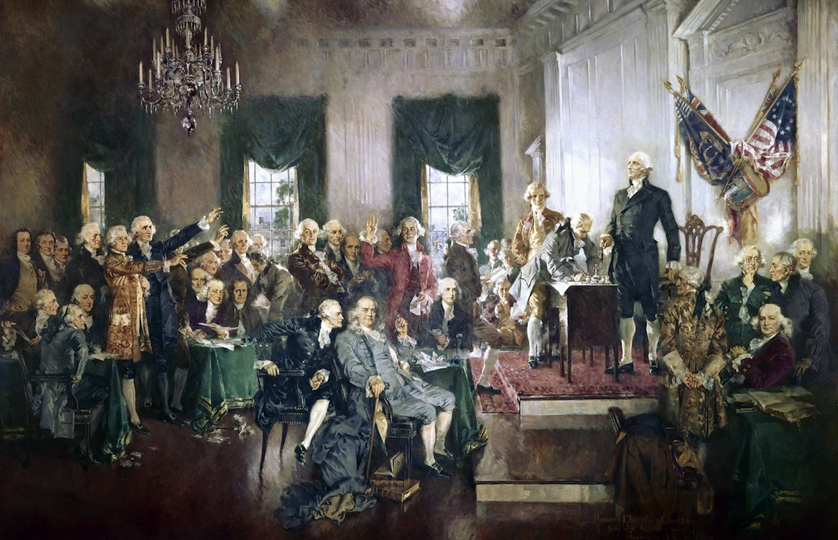 The Signing of the Constitution of the United States, with George Washington, Benjamin Franklin, and others at the Constitutional Convention of 1787; oil painting on canvas by Howard Chandler Christy, 1940. (GraphicaArtis#Unified ED / Getty Images)