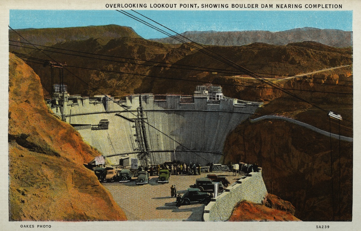 Boulder Dam Nearing Completion. ca. 1935, Border of Nevada and Arizona, USA, OVERLOOKING LOOKOUT POINT, SHOWING BOULDER DAM NEARING COMPLETION