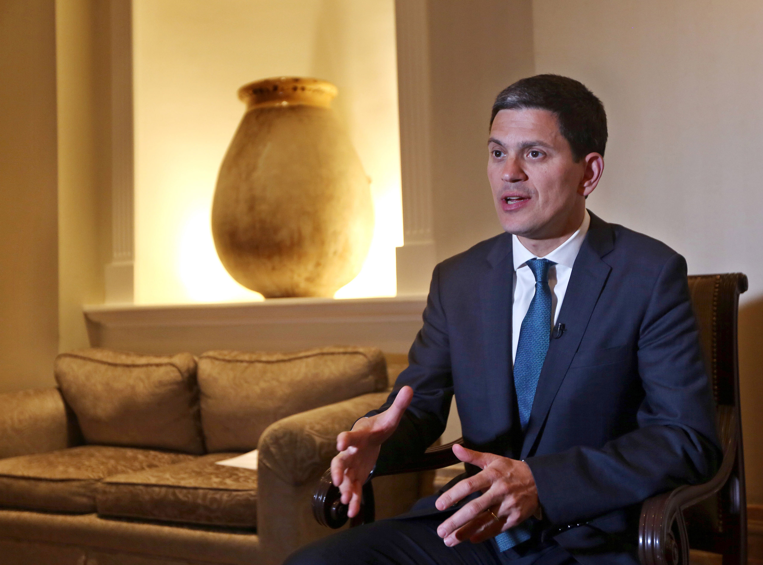 David Miliband, the President and CEO of the International Rescue Committee, speaks during an interview with The Associated Press in Beirut, on Apr. 9, 2015. (Bilal Hussein—AP)