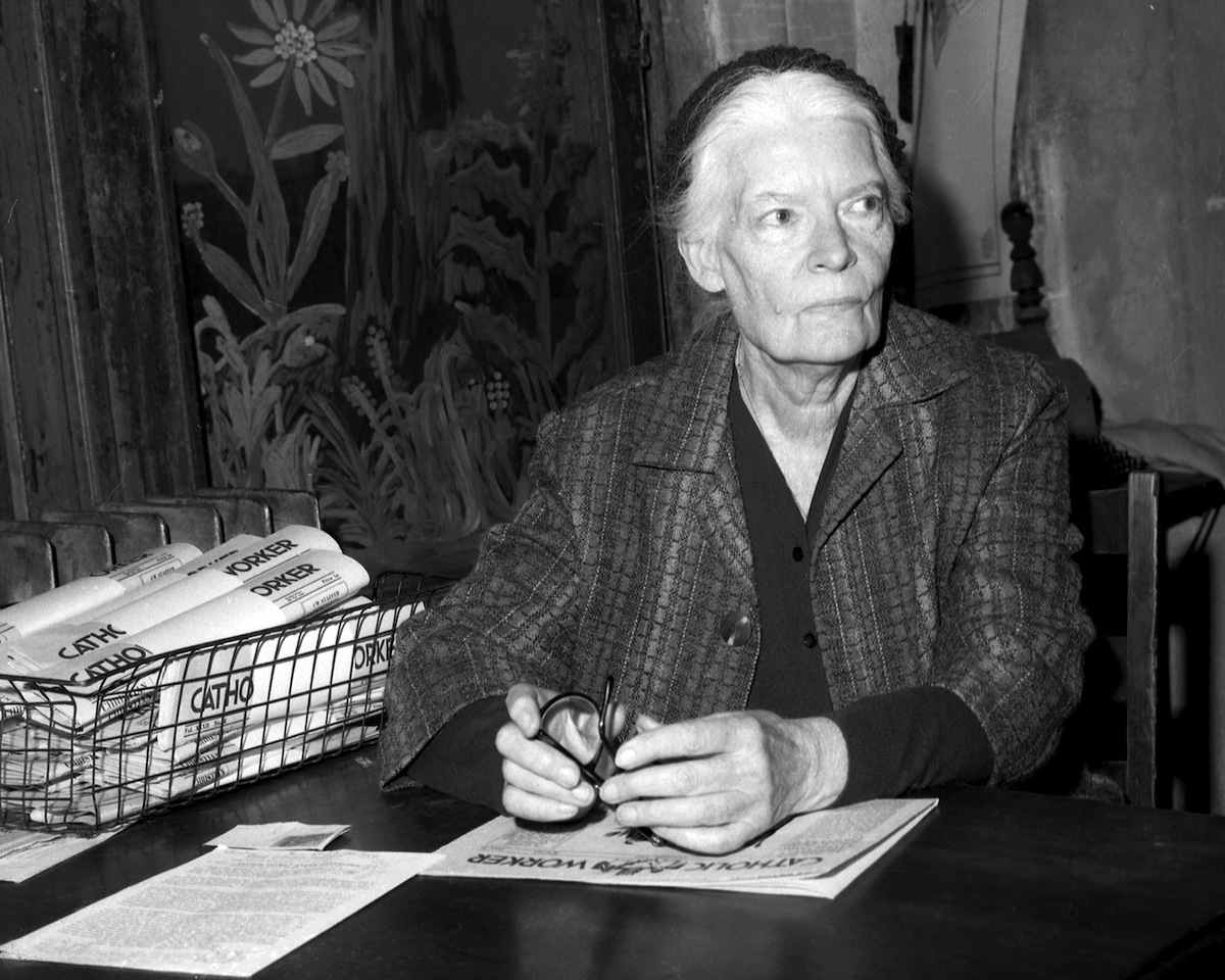Dorothy Day inside the Worker office at 175 Christie St. in New York City in 1965. (NY Daily News / Getty Images)