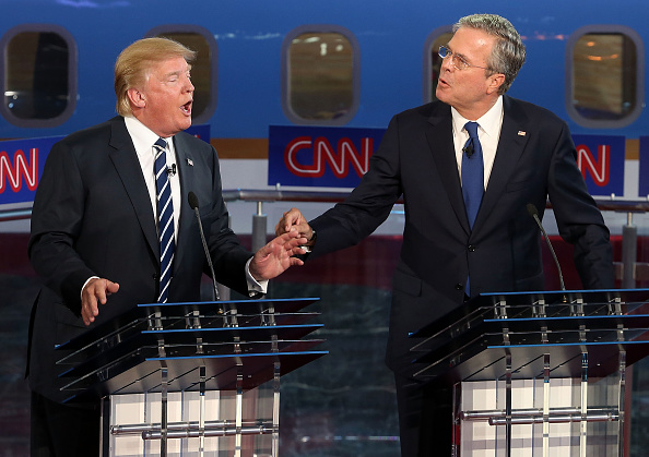 Republican presidential candidates Donald Trump (L) and Jeb Bush argue during the presidential debates at the Reagan Library on September 16, 2015 in Simi Valley, California.