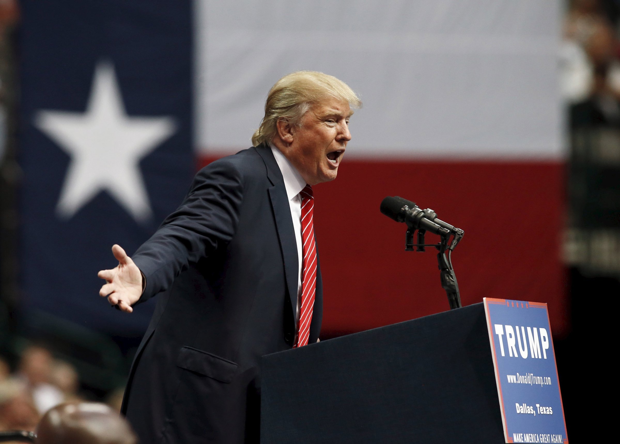 Republican presidential candidate Donald Trump speaks at a rally in Dallas, Texas