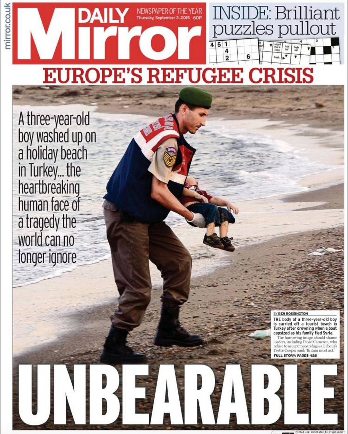 Drowned Migrant Boy Daily Mirror front page