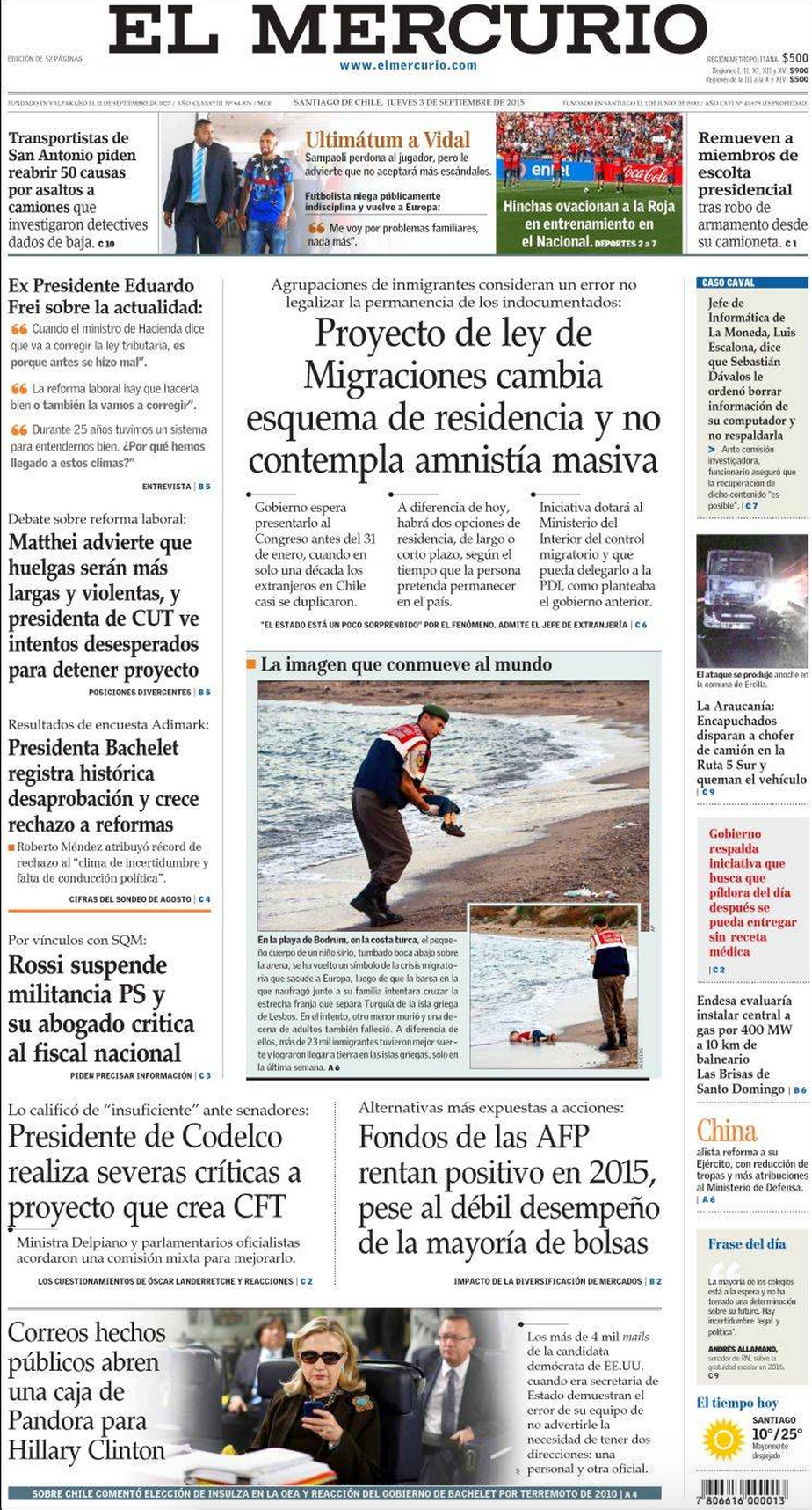 Drowned Migrant Boy El Mercurio Front Page